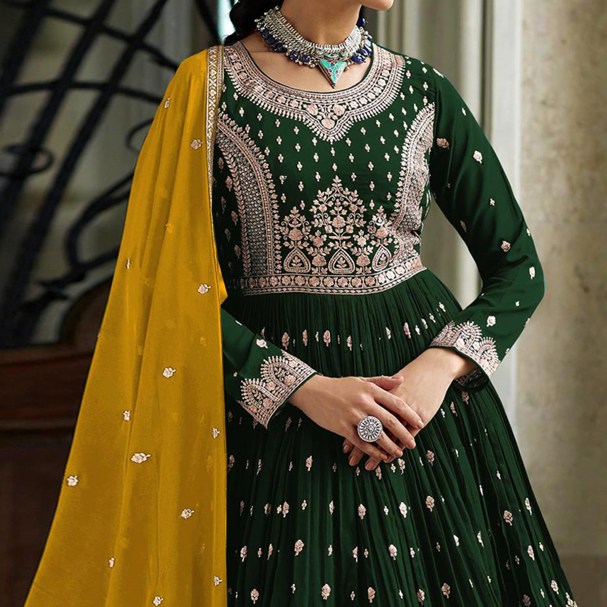 Green Floral Embroidered Georgette Sharara Suit