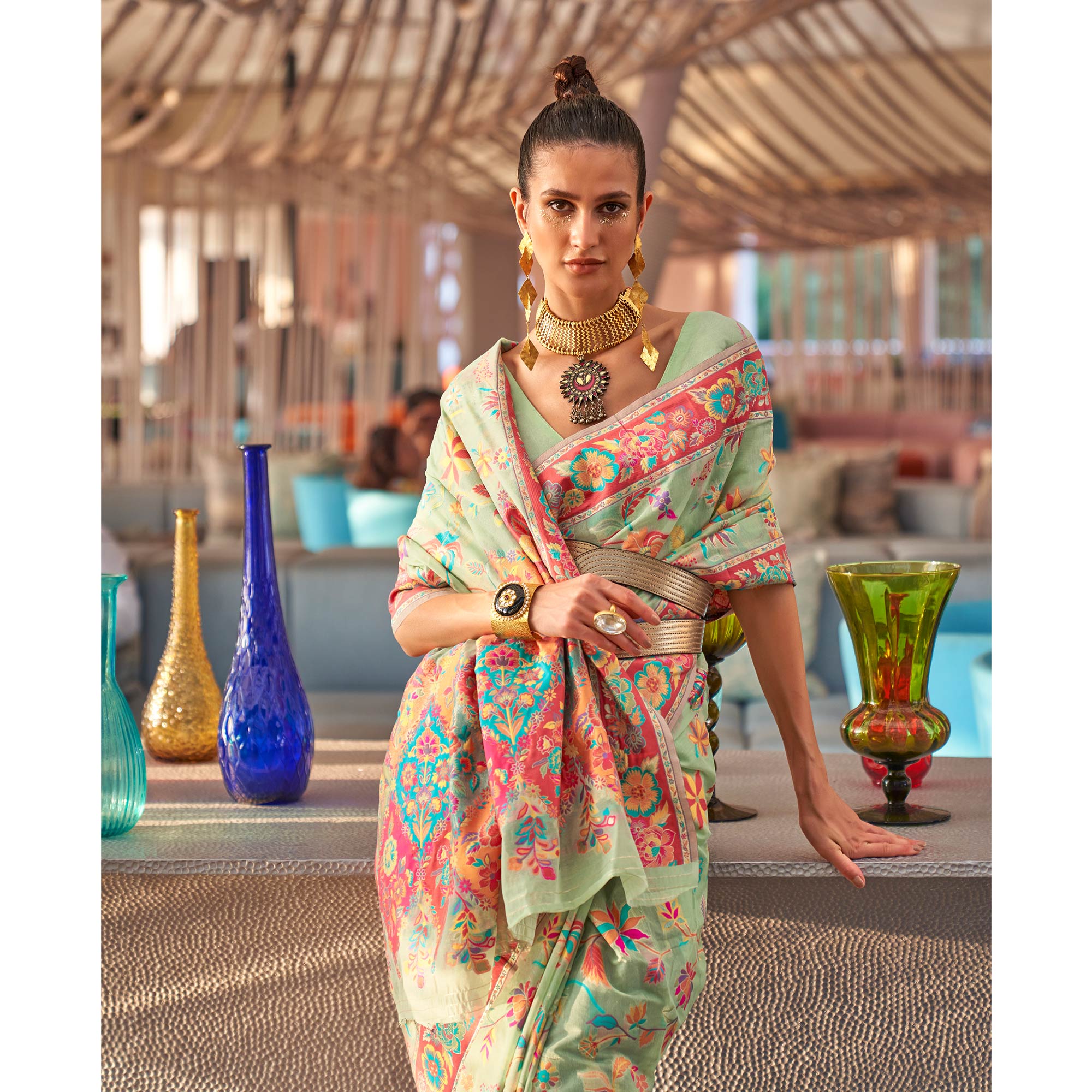 Green Floral Woven Modal Saree