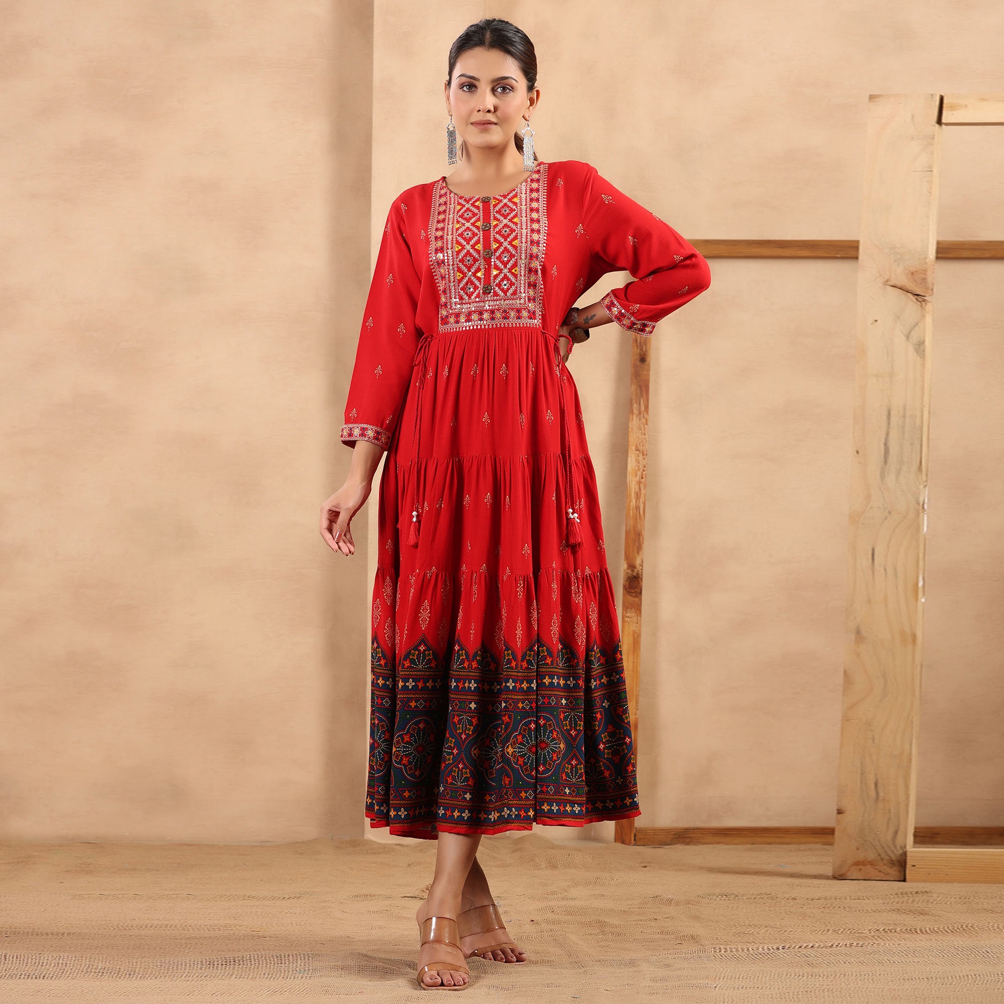 Red Printed With Embroidered Rayon Gown