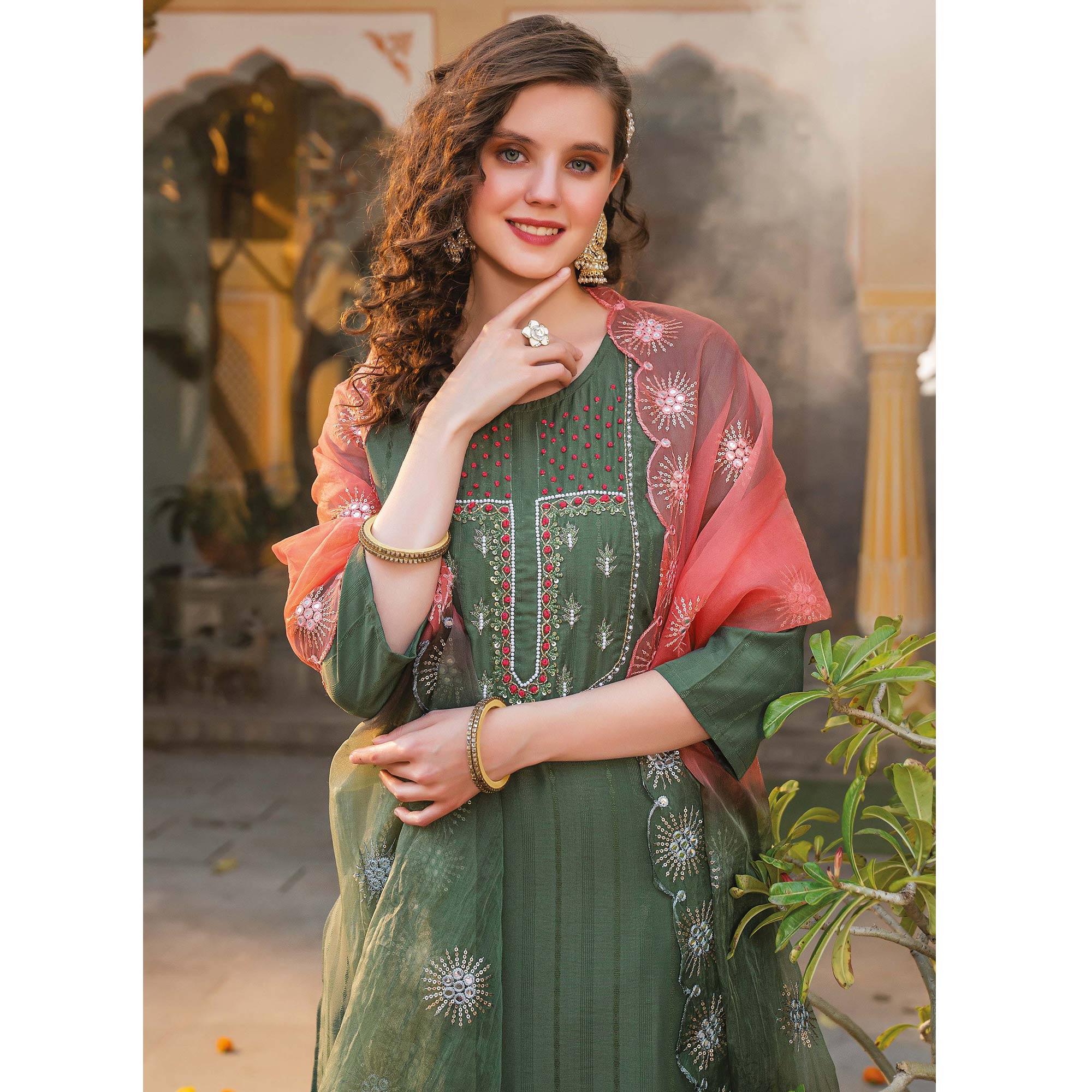 Green Embellished Viscose Salwar Suit