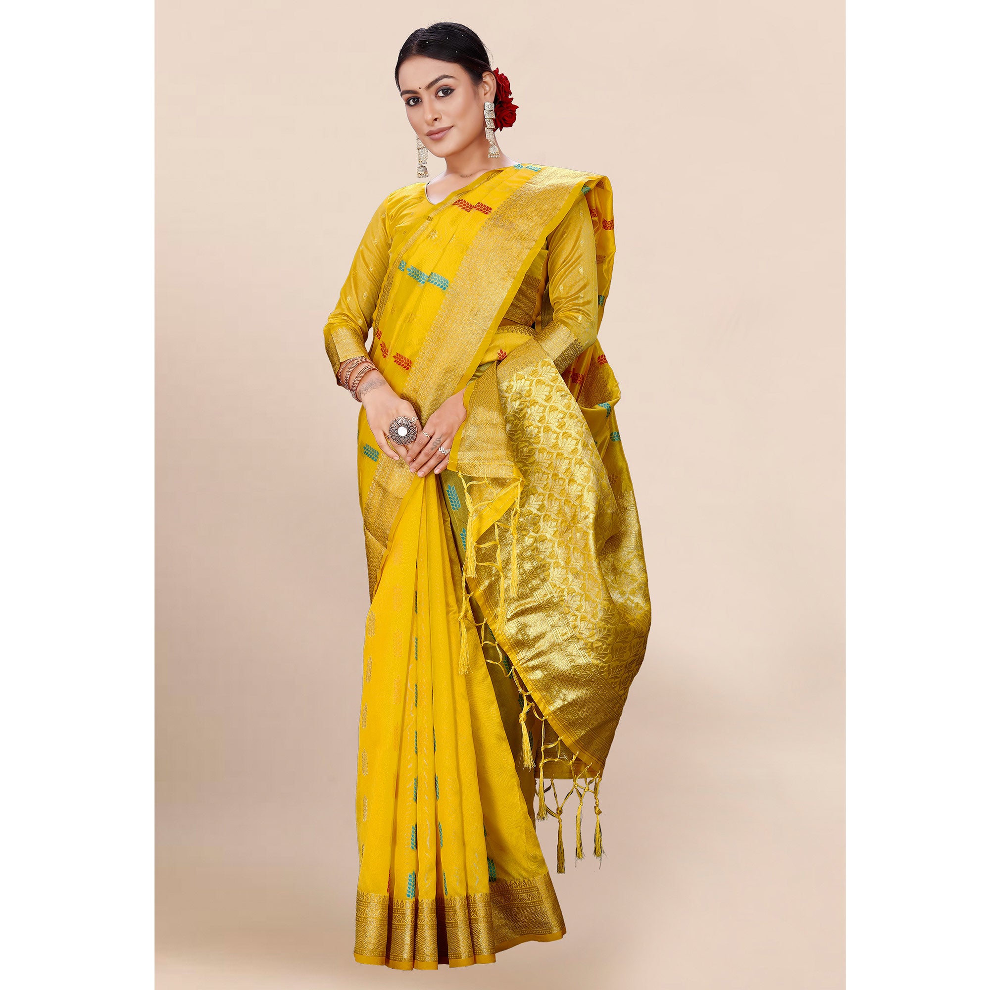 Yellow Woven Organza Saree With Tassels