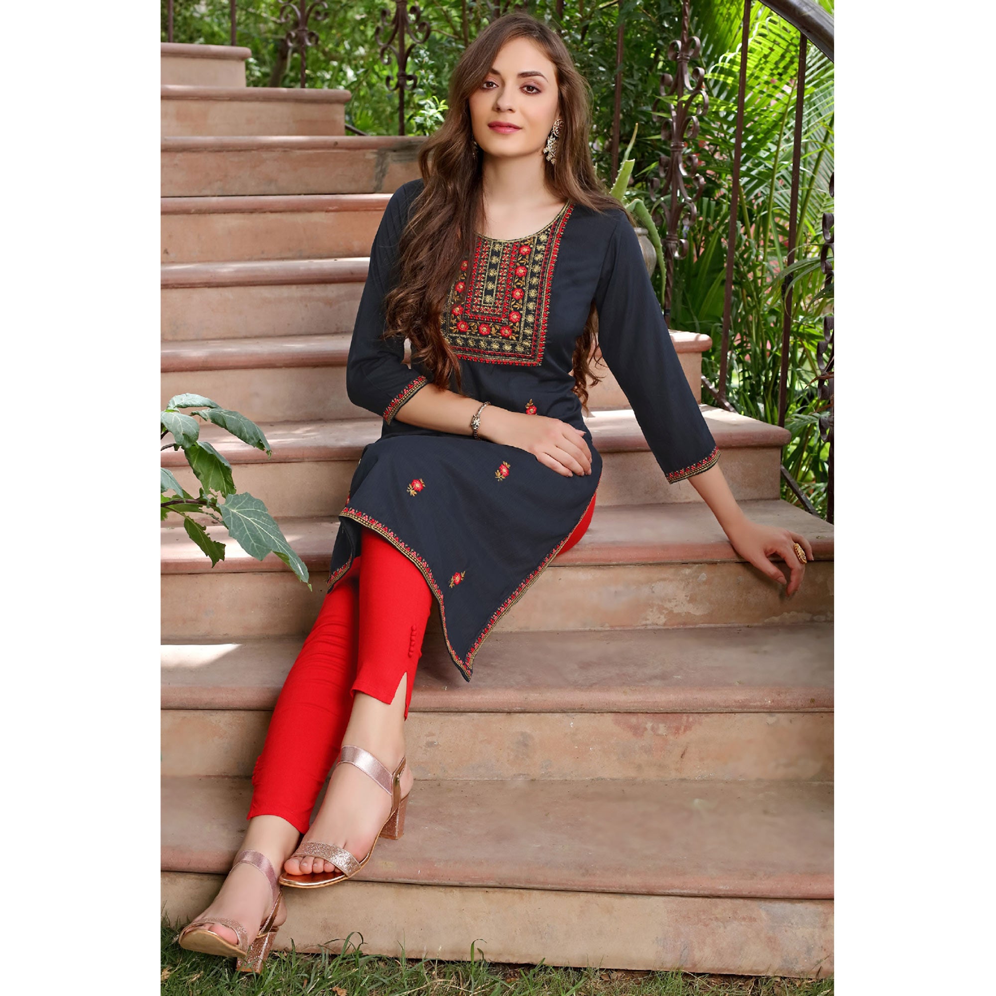 Navy Blue Floral Embroidered Muslin Kurti