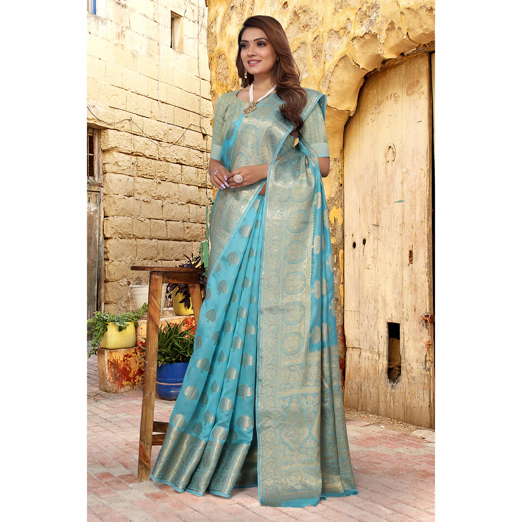 Sky Blue Woven Organza Saree