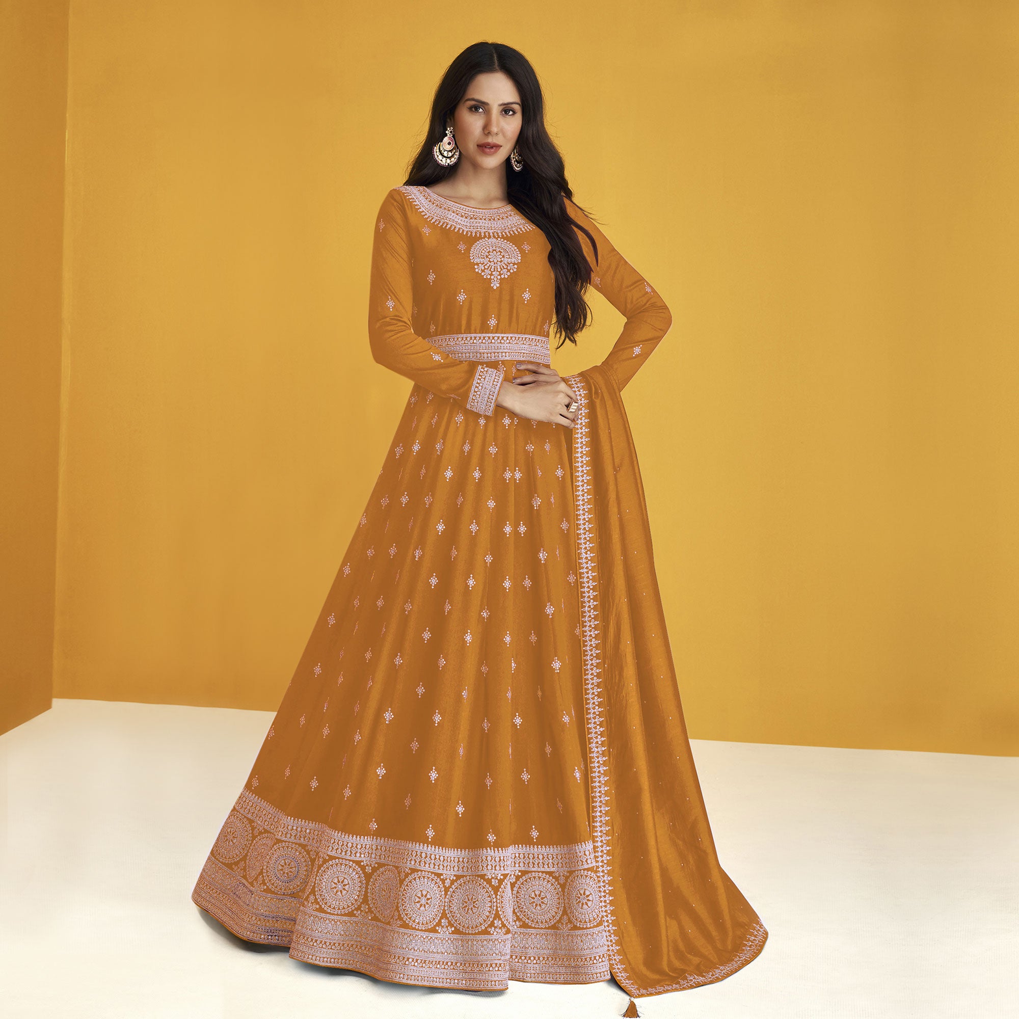 Yellow Orange Sequins Embroidered Georgette Semi Stitched Anarkali Suit