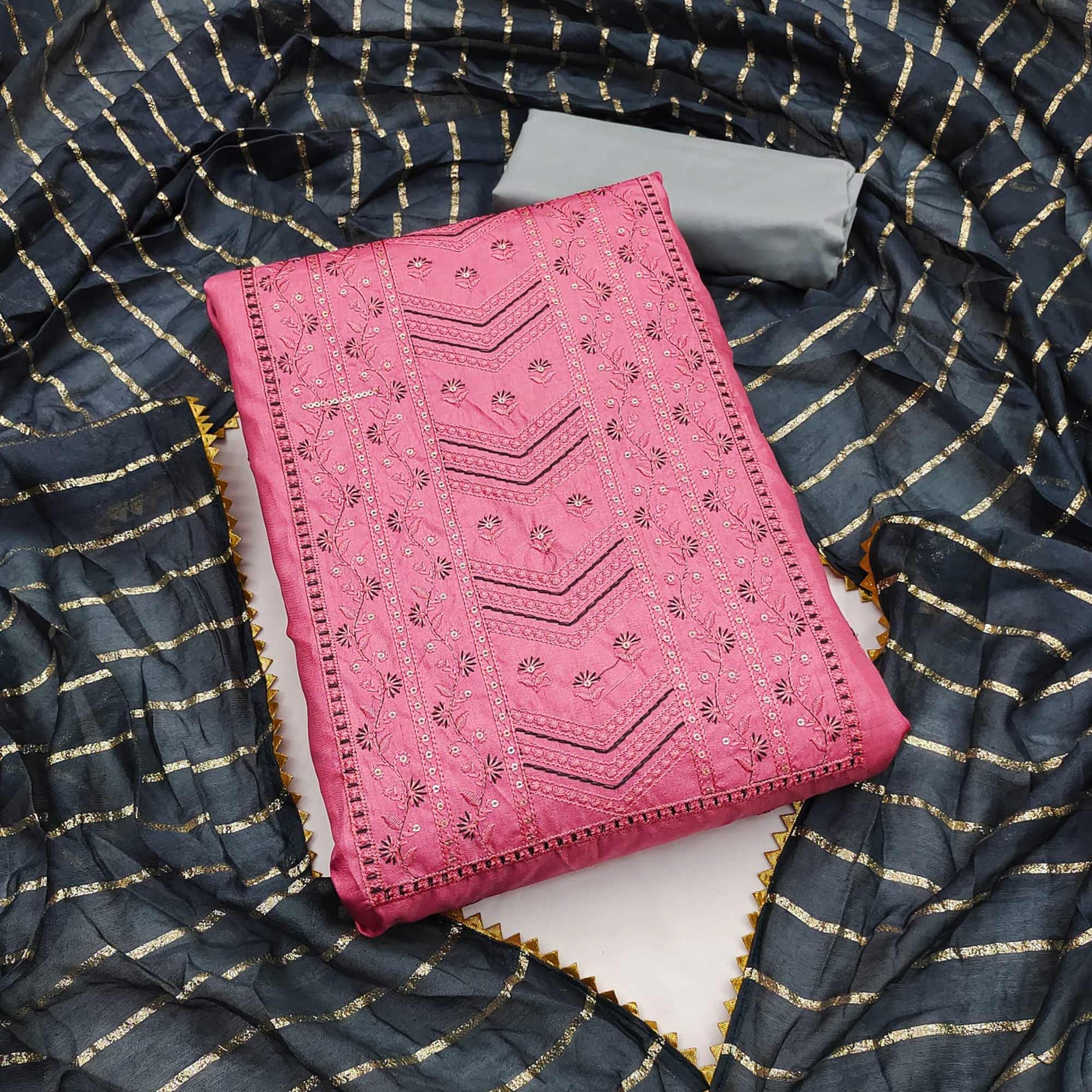 Gajari Pink Floral Sequins Embroidered Raw Silk Dress Material
