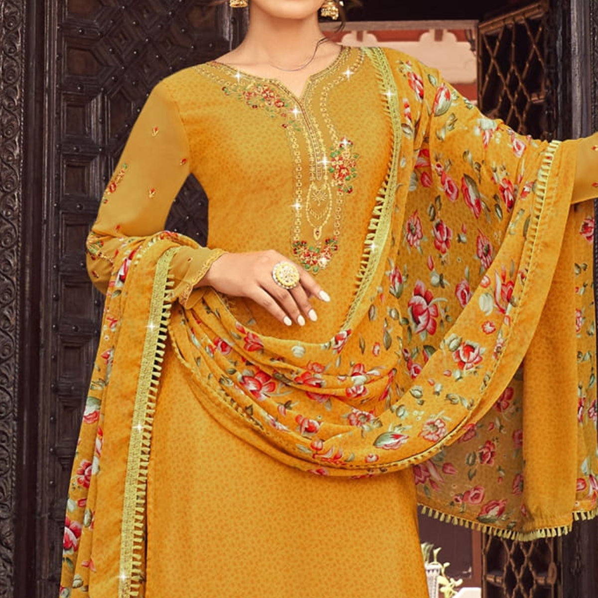 Mustard Floral Embroidered Crepe Patiala Suit