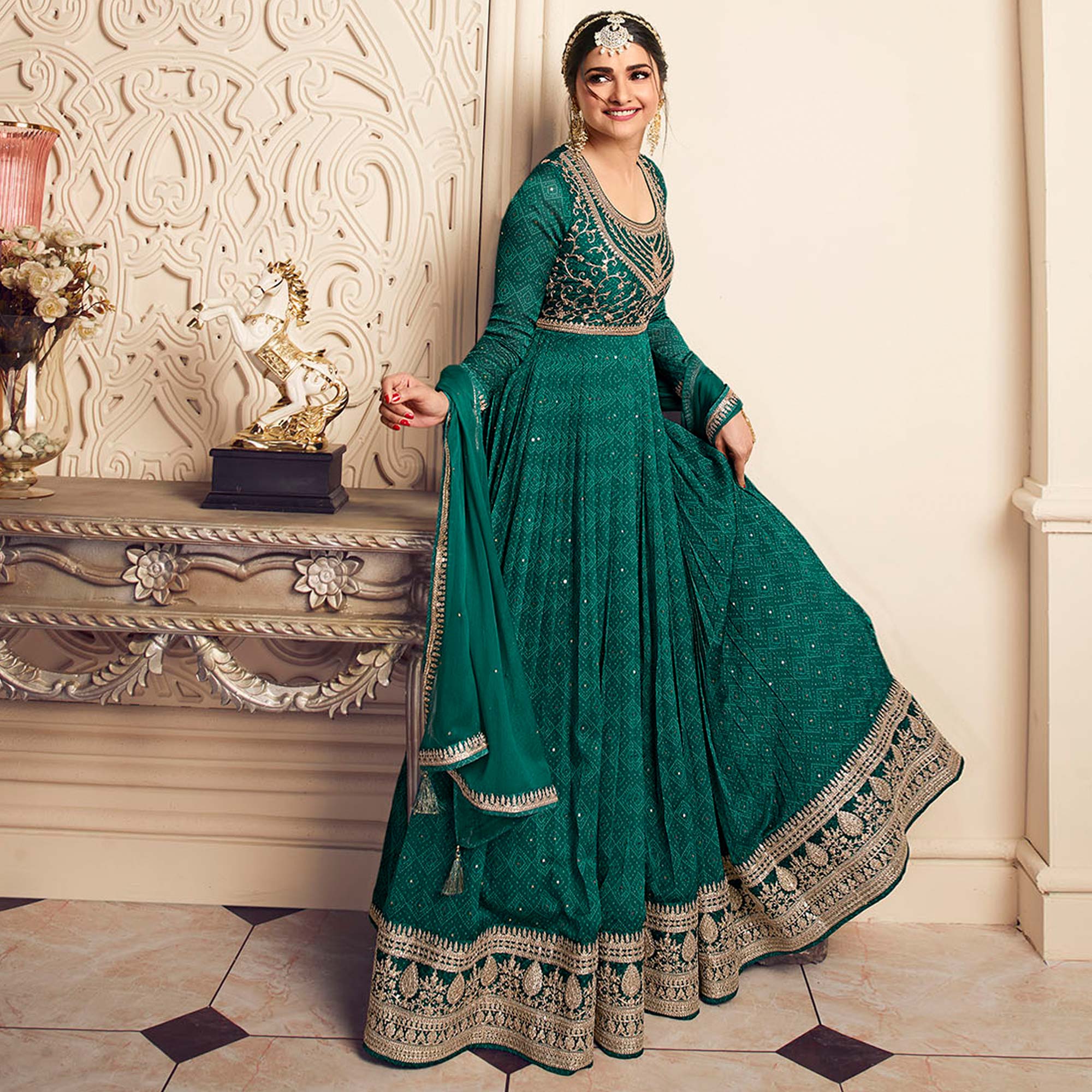 Aqua Green Printed With Embroidered Chiffon Gown