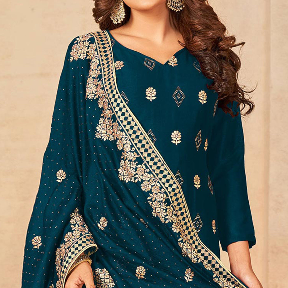 Rama Blue Embroidered Vichitra Silk Suit