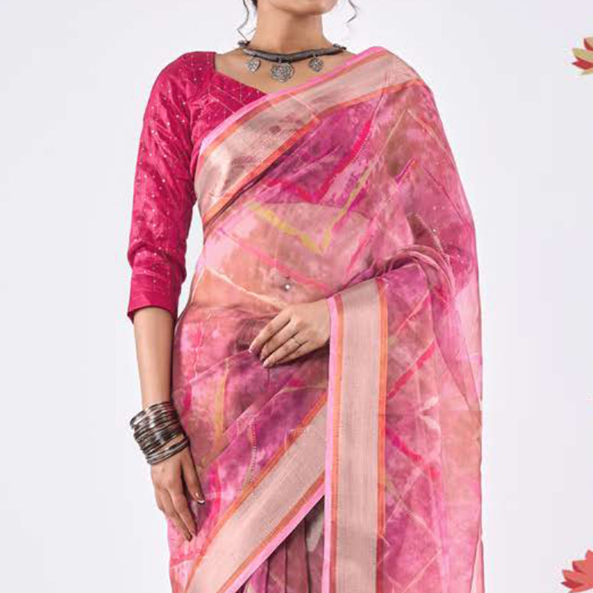 Magenta Purple Printed Organza Saree With Woven Border