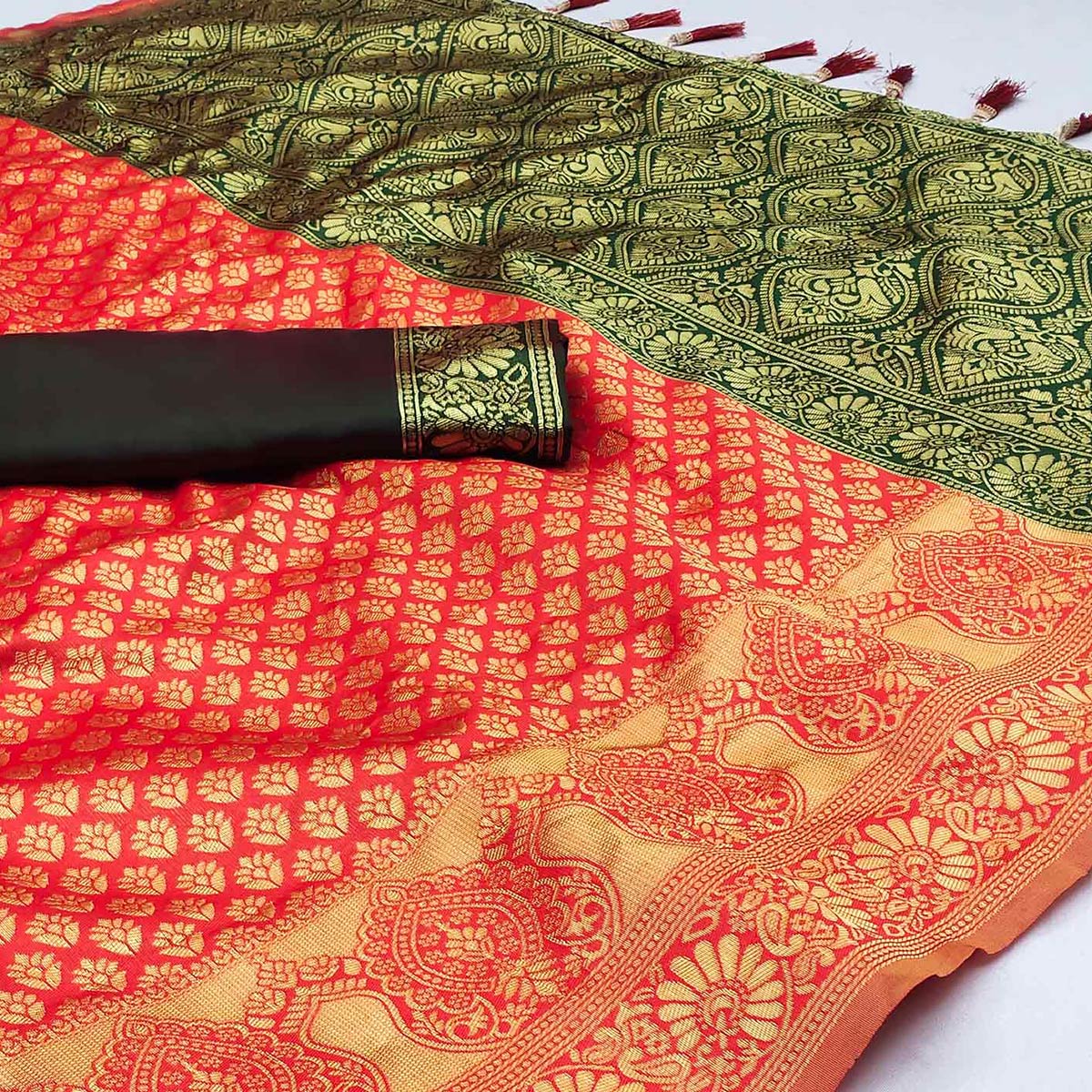 Red Woven Banarasi Silk Saree With Tassels