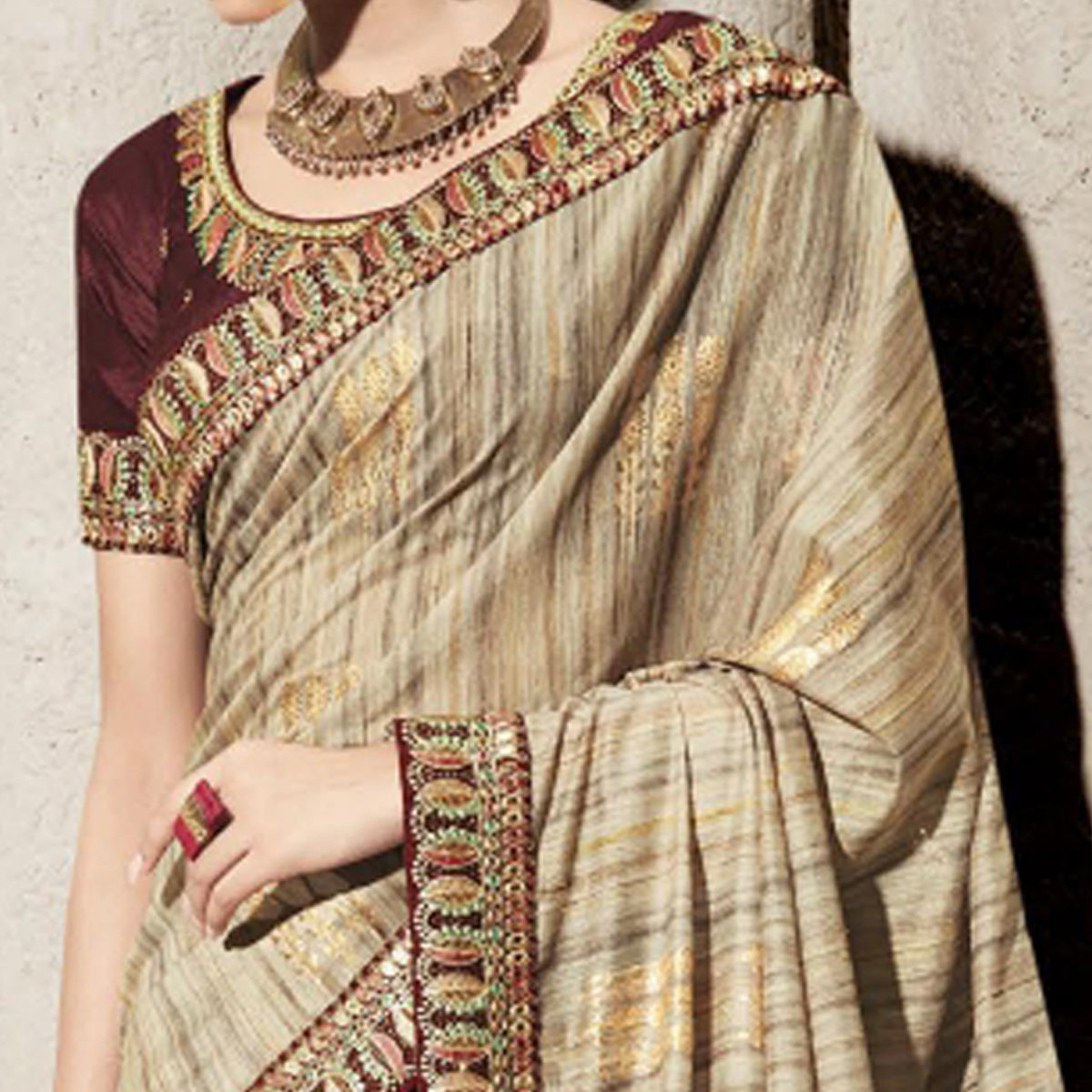 Light Brown Woven With Embroidered Border Organza Saree