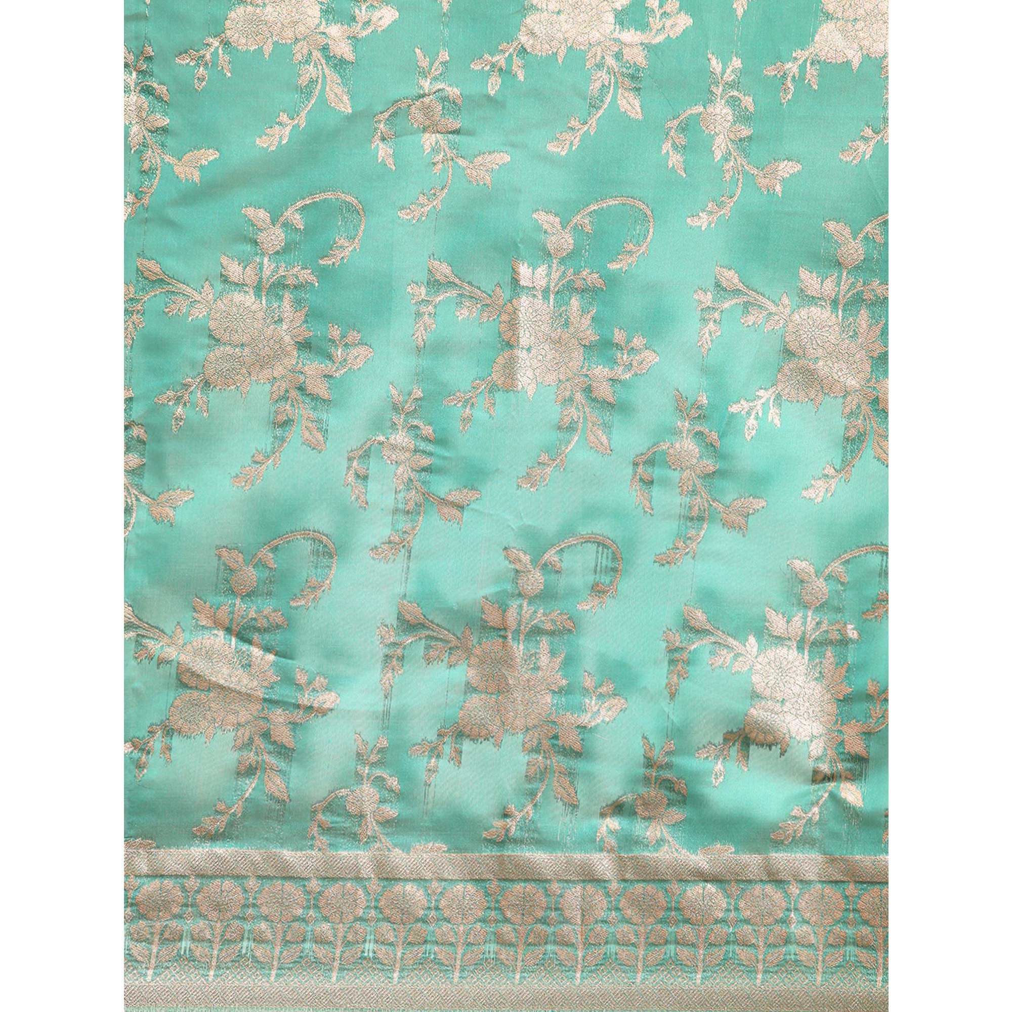 Turquoise Floral Woven Organza Silk Saree With Tassels