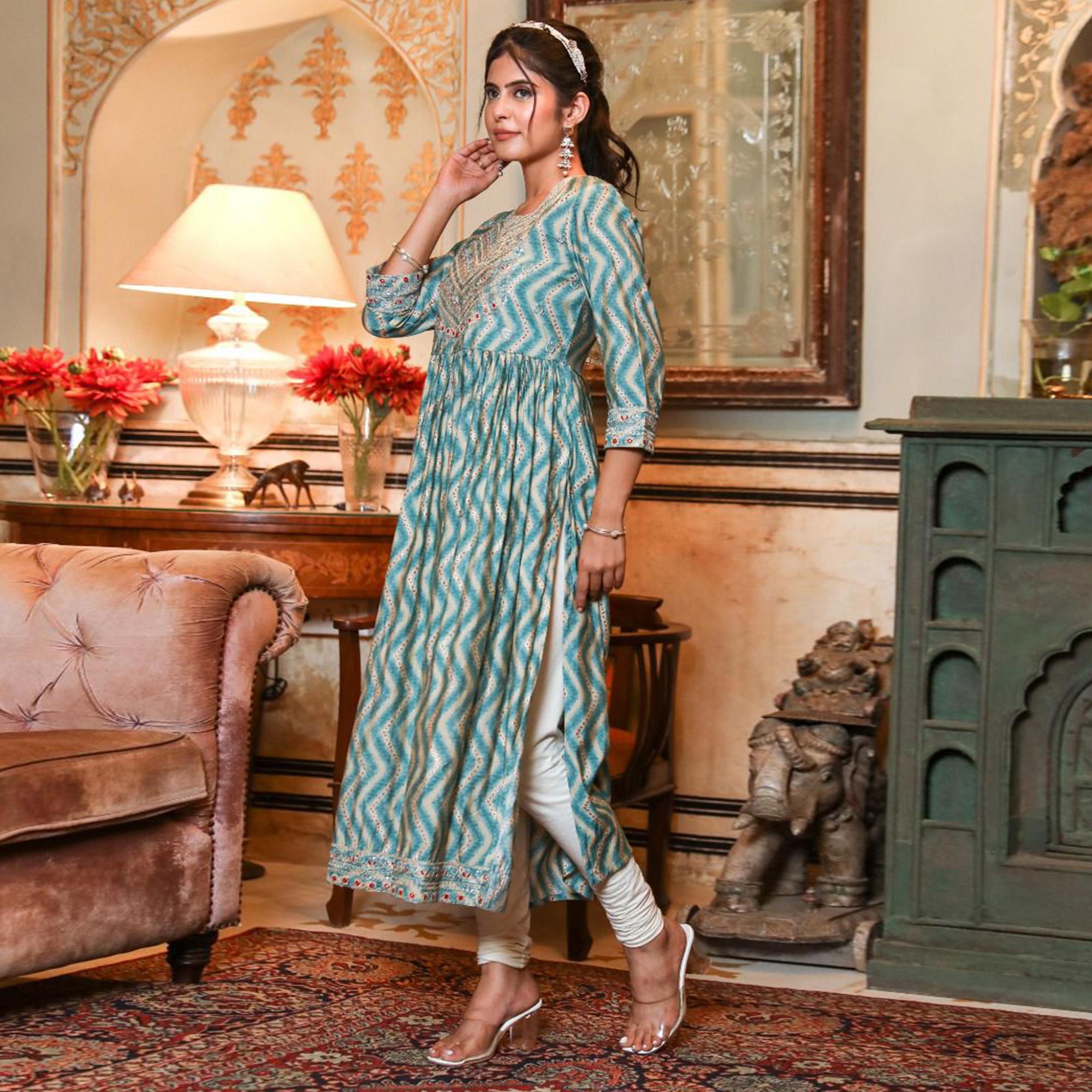 Blue Printed With Embroidered Muslin Naira Cut Kurti