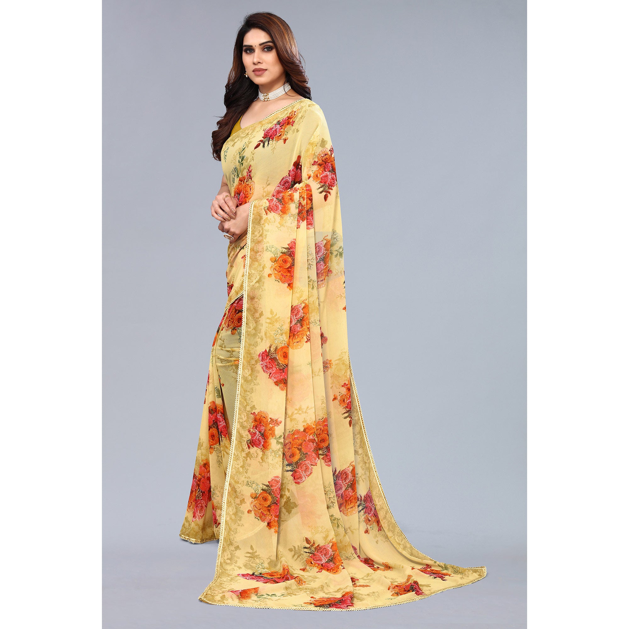 Yellow Floral Printed Georgette Saree