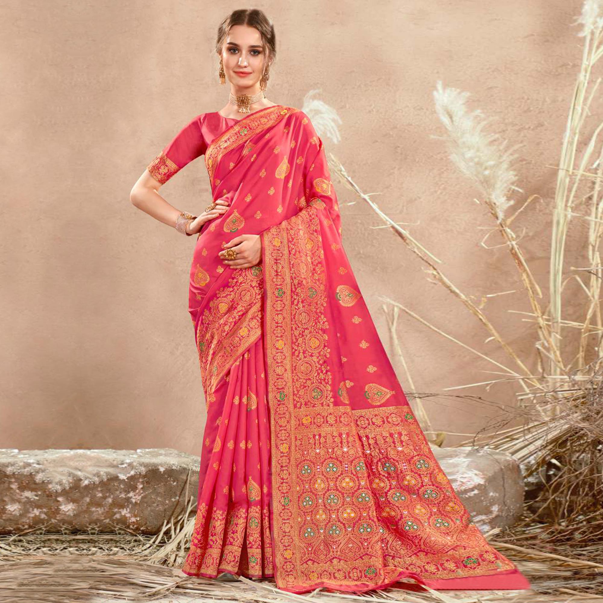 Pink Floral Woven Art Silk Saree