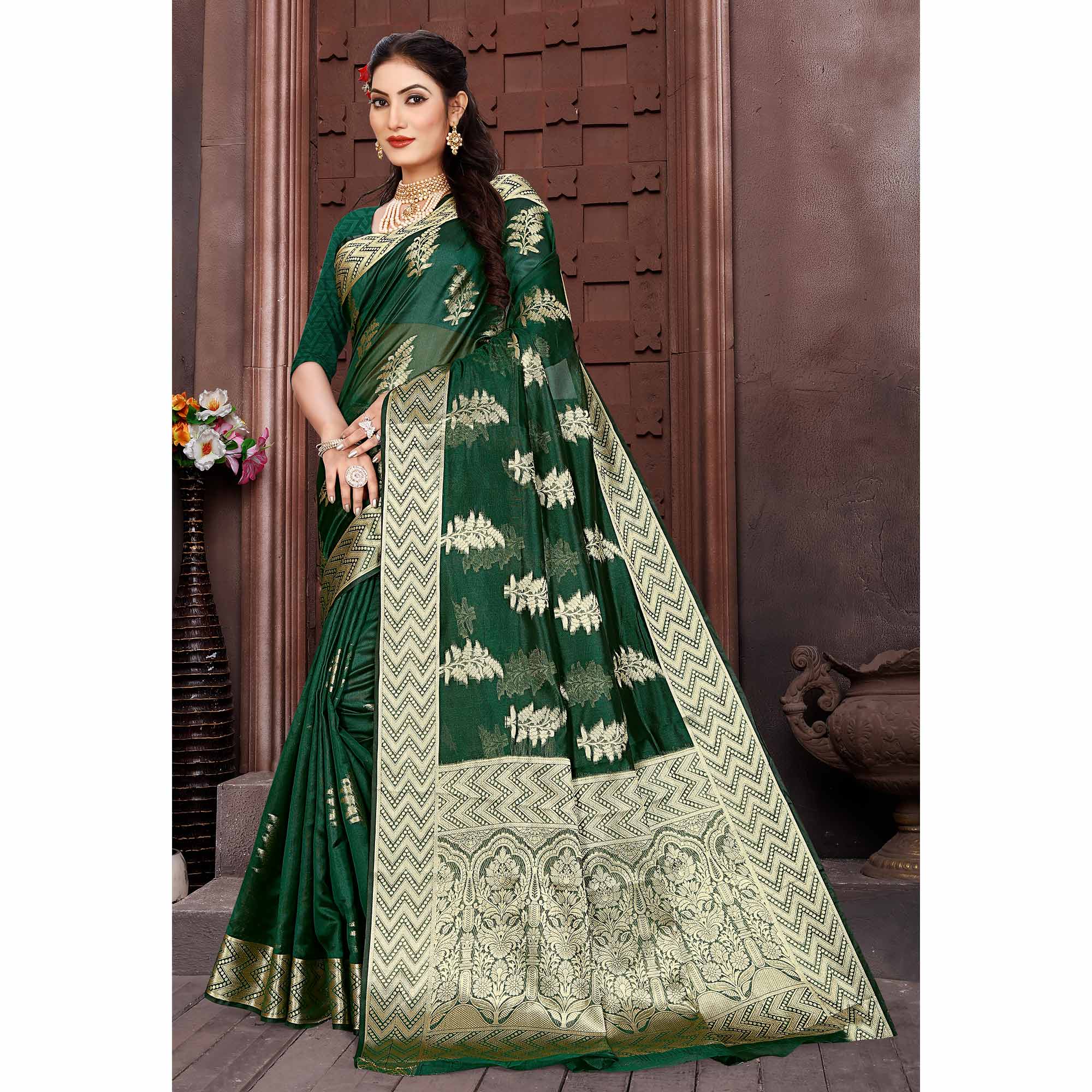 Bottle Green Floral Woven Organza Saree