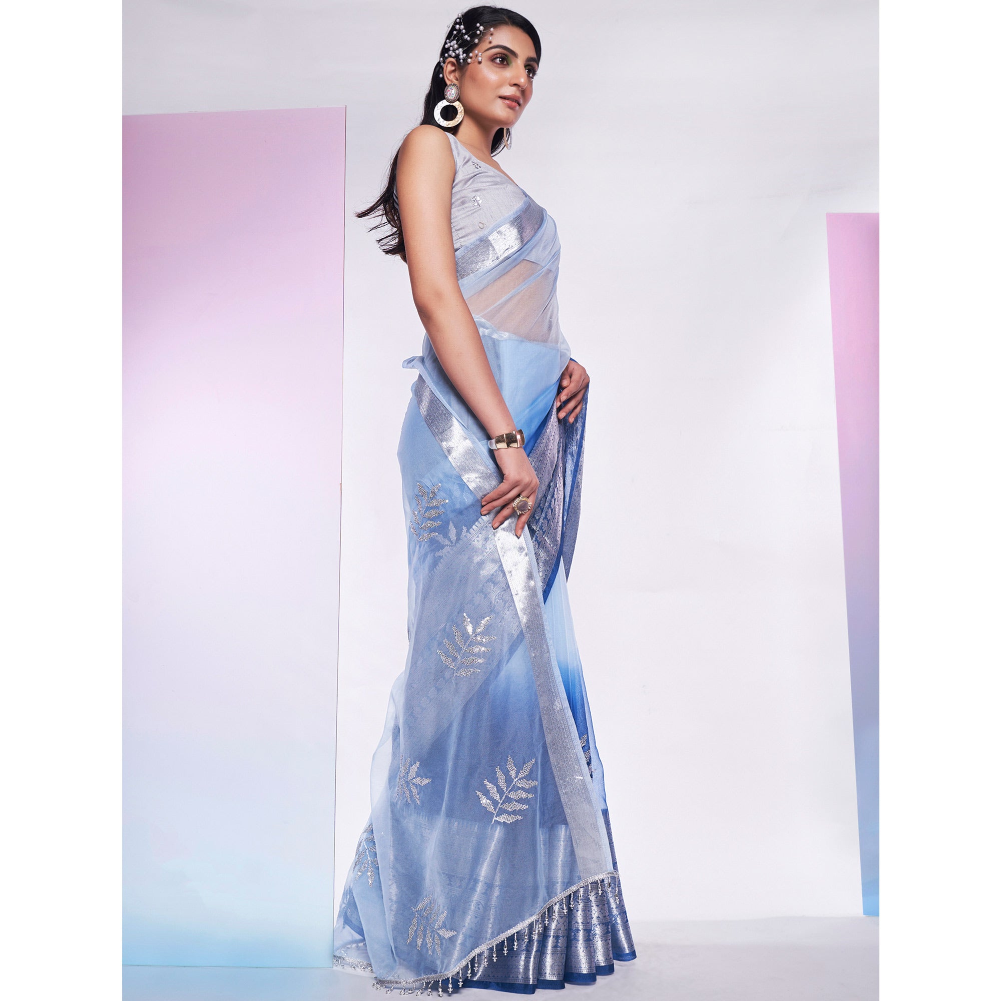 Blue Sequins Embroidered Organza Saree