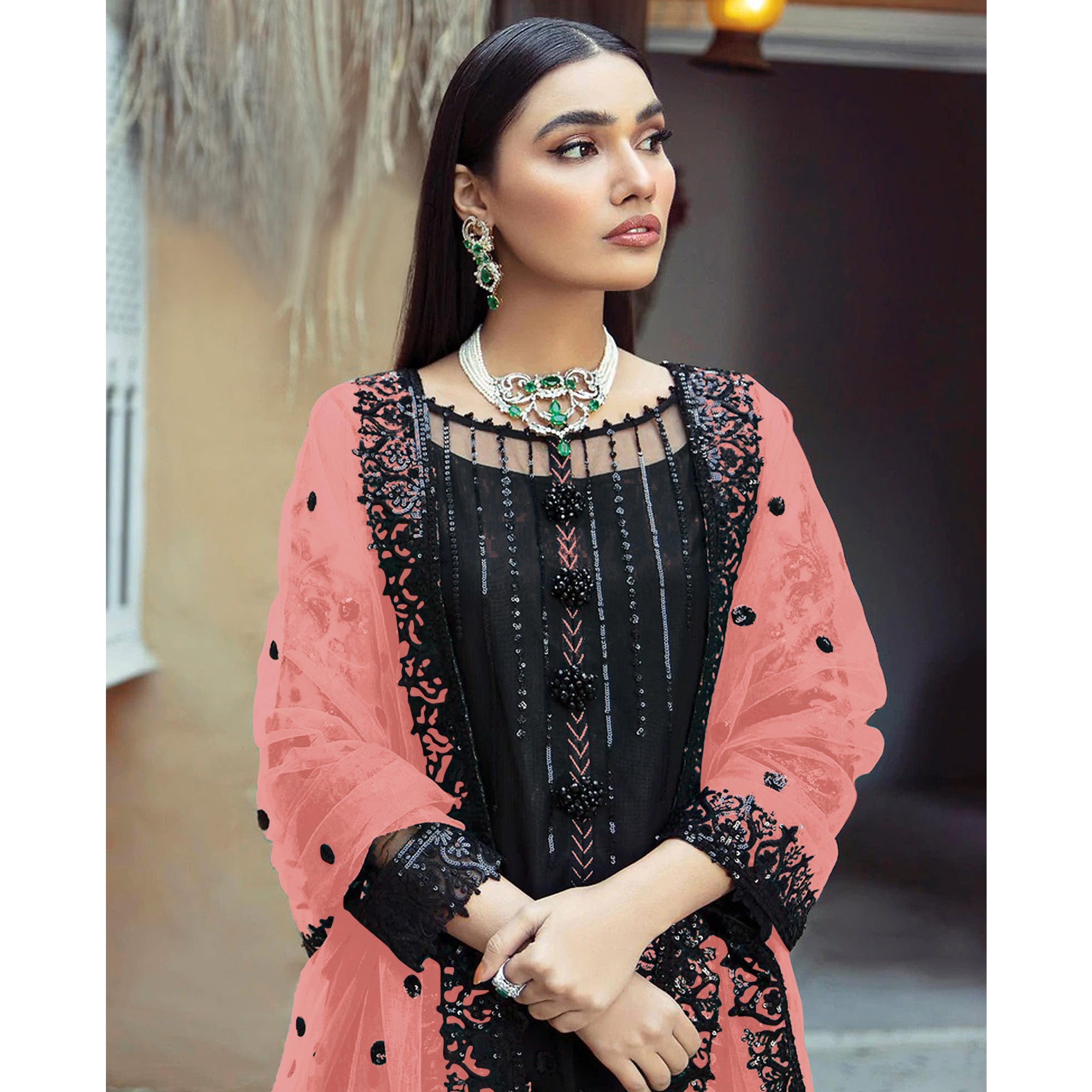 Black Floral Sequins Embroidered Georgette Pakistani Suit