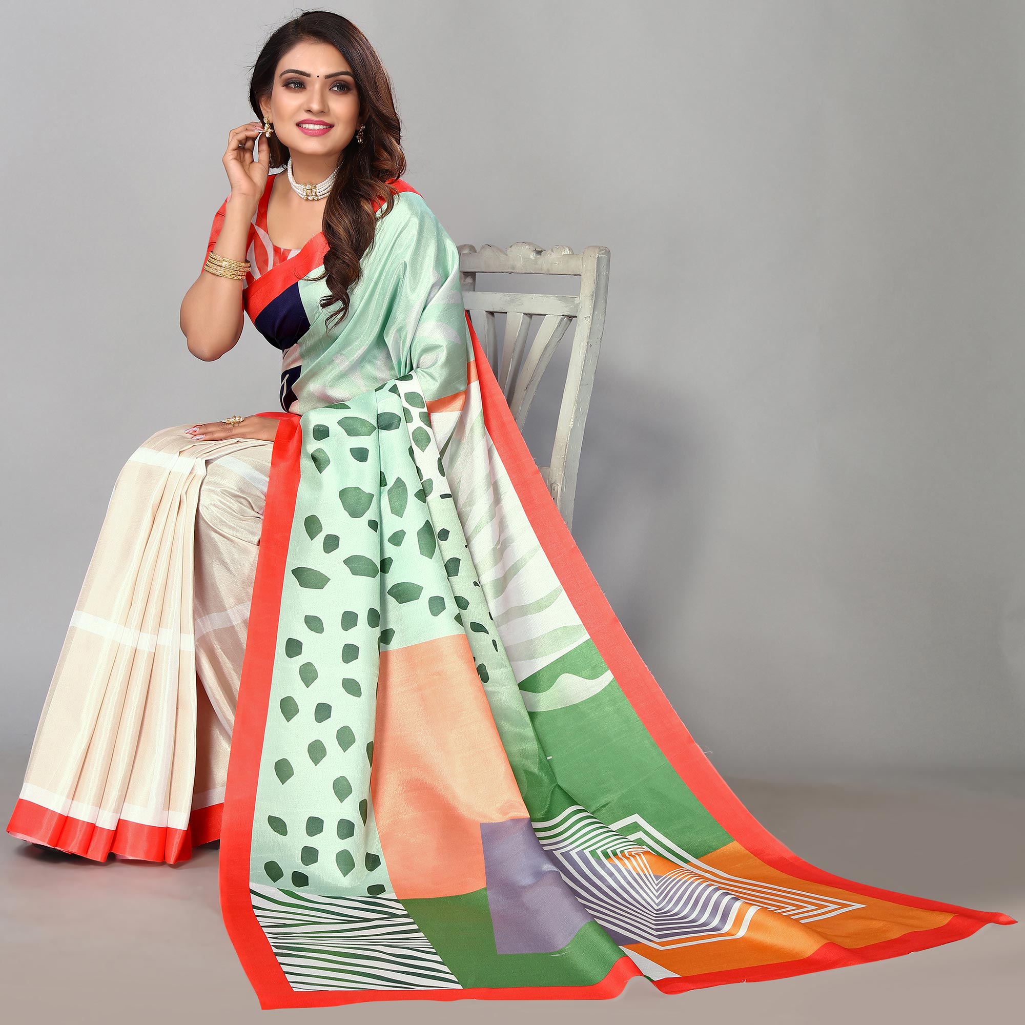 Multicolored Digital Printed Dola Silk Saree