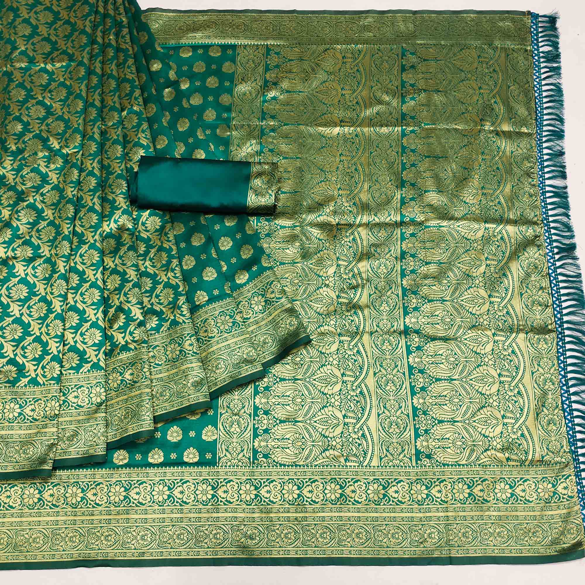 Rama Green Woven Jacquard Saree With Tassels
