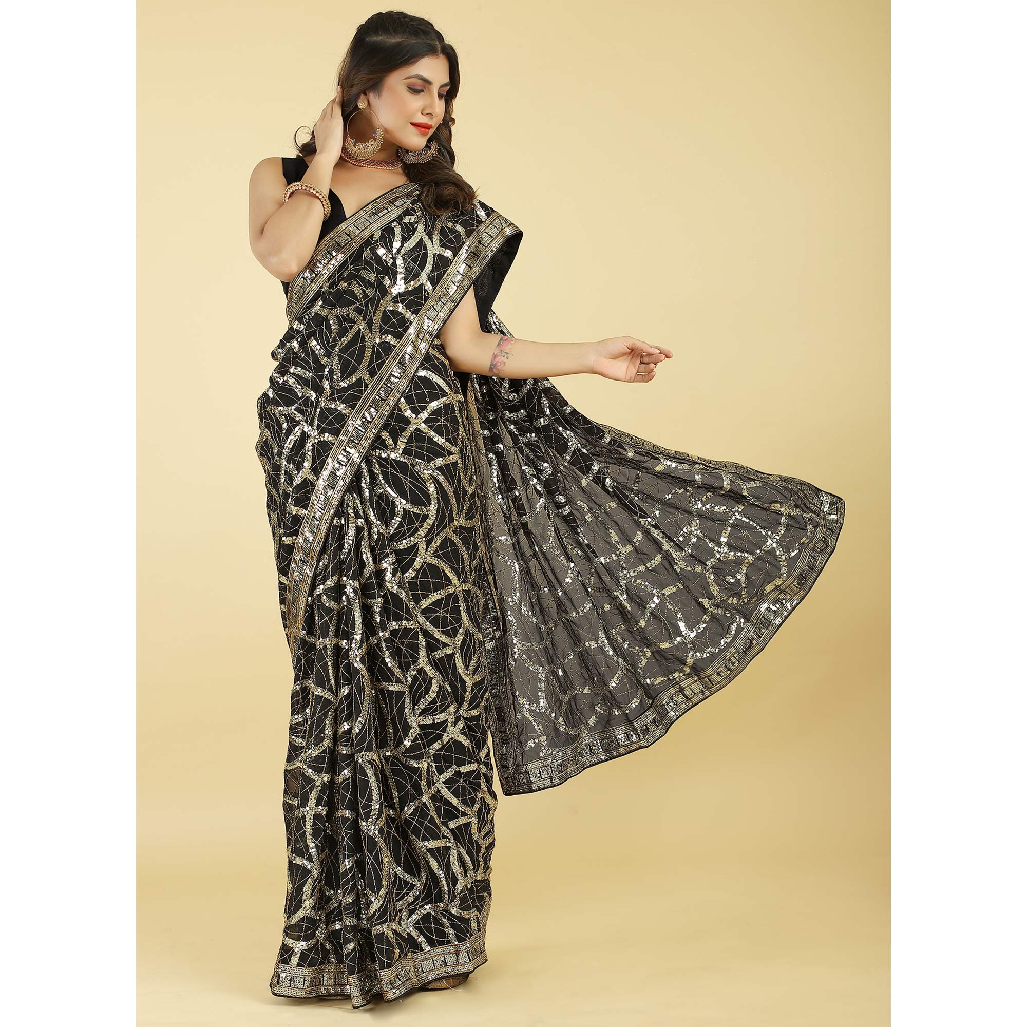 Black Sequins Work Georgette Saree