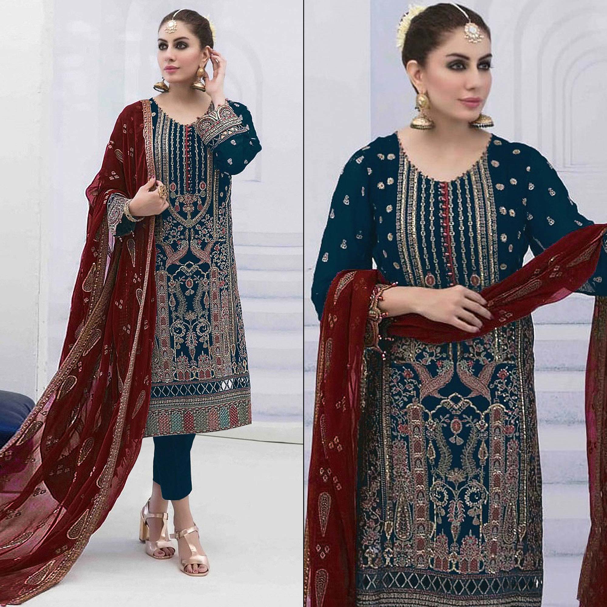 Blue Embroidered Georgette Semi Stitched Pakistani Suit