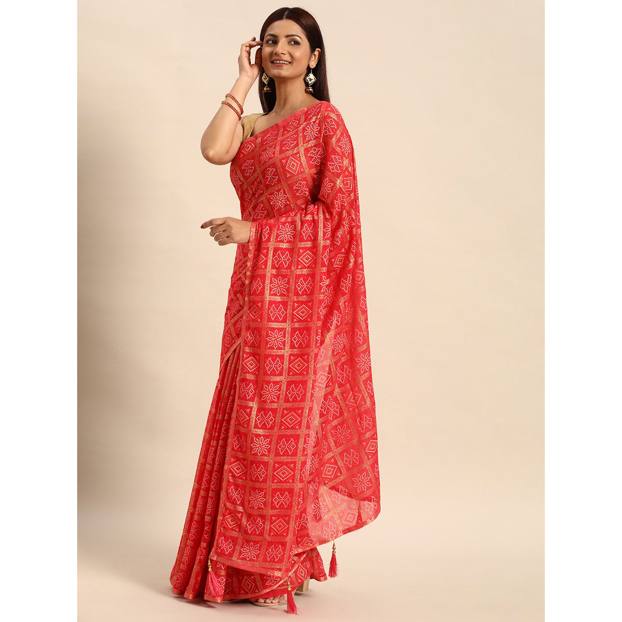 Pink Bandhani Foil Printed Zomato Saree With Tassels