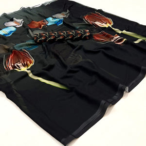 Black Floral Digital Printed Georgette Saree