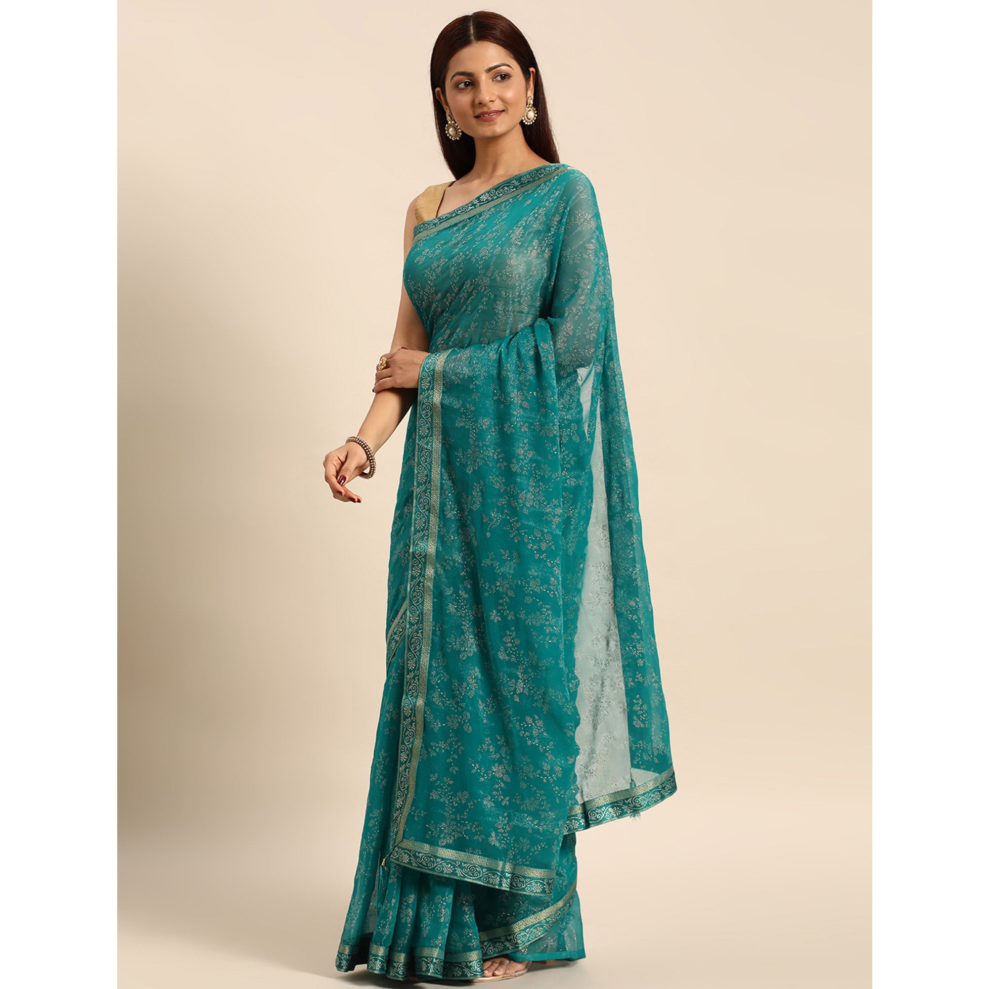 Turquoise Green Floral Foil Printed Shimmer Saree