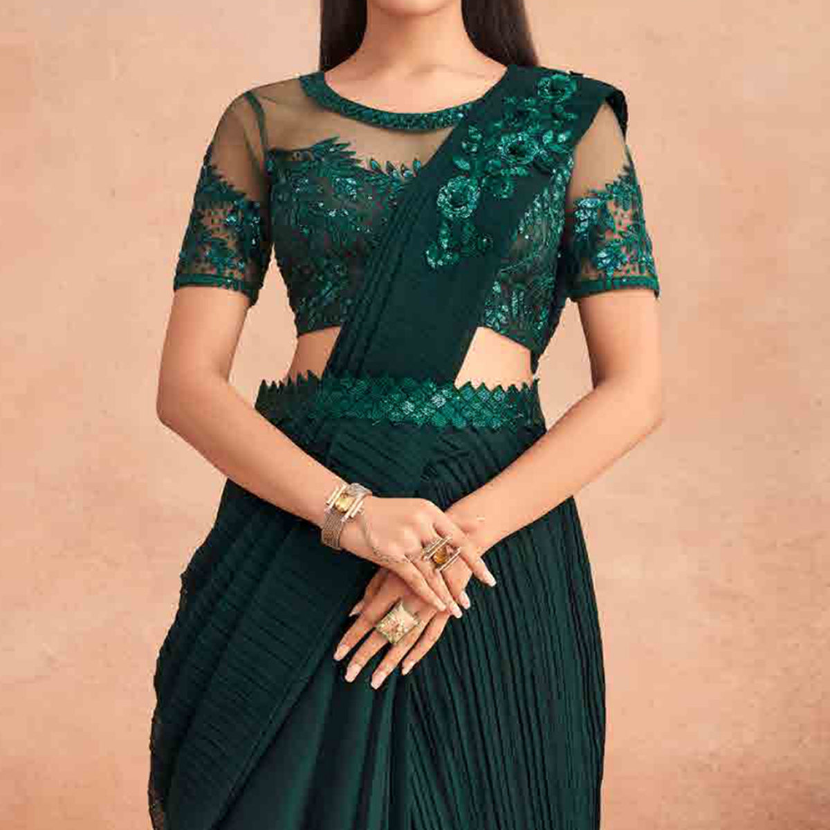 Bottle Green Sequins Embroidered Ready to Wear Chiffon Saree