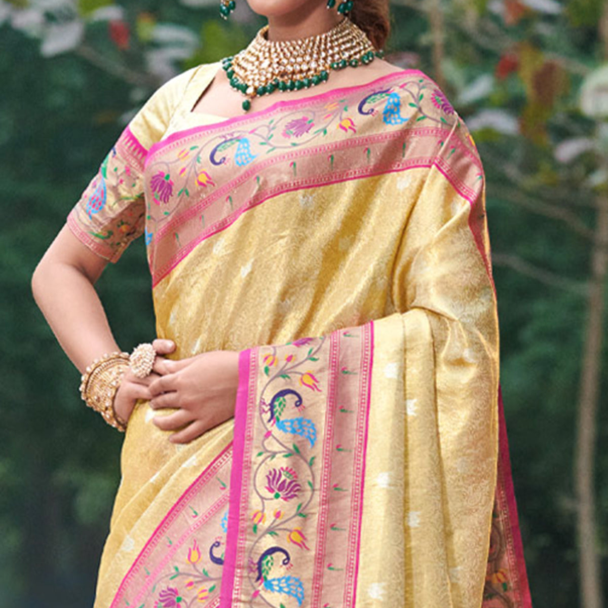 Cream Woven Art Silk Paithani Saree With Tassels