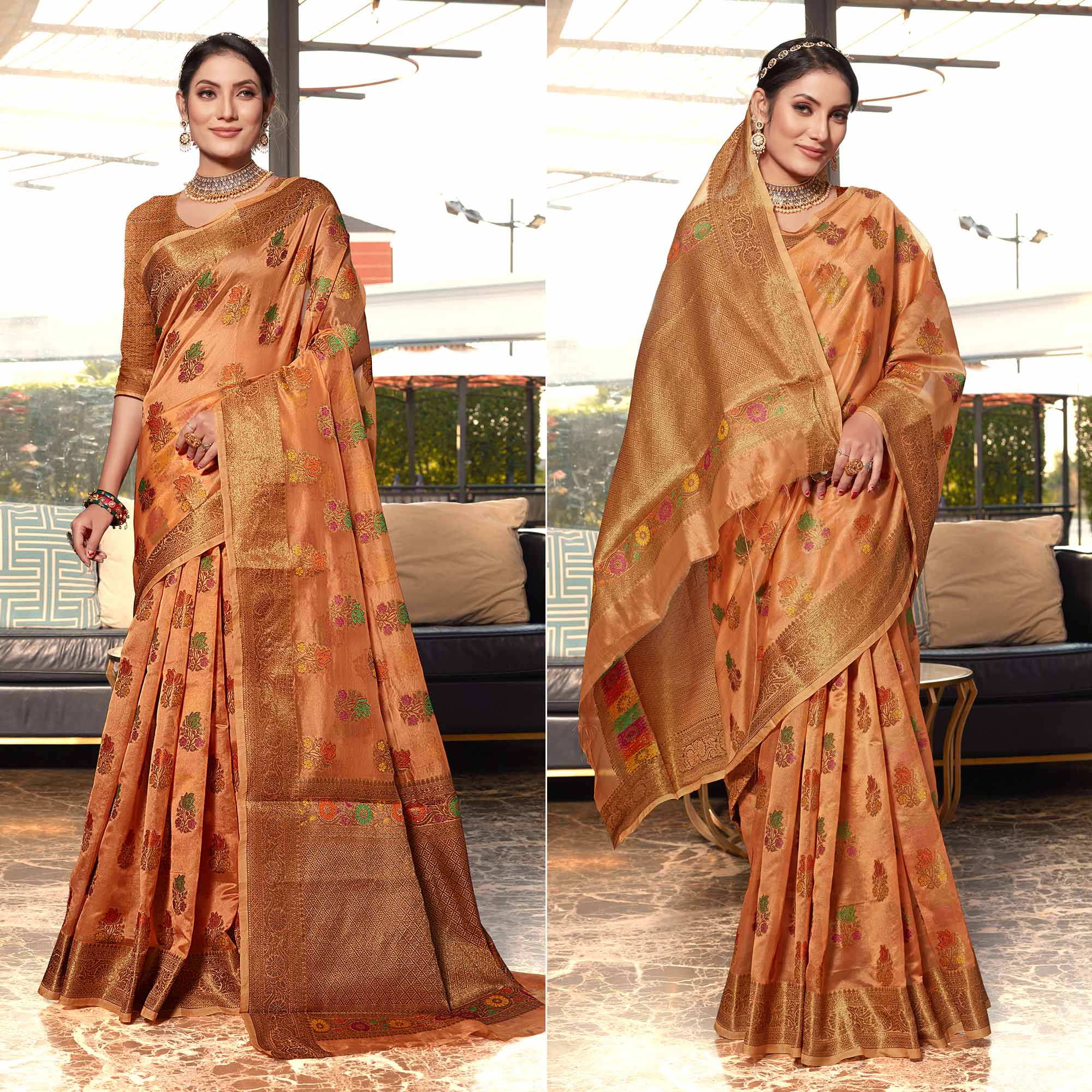 Peach Floral Woven Organza Saree