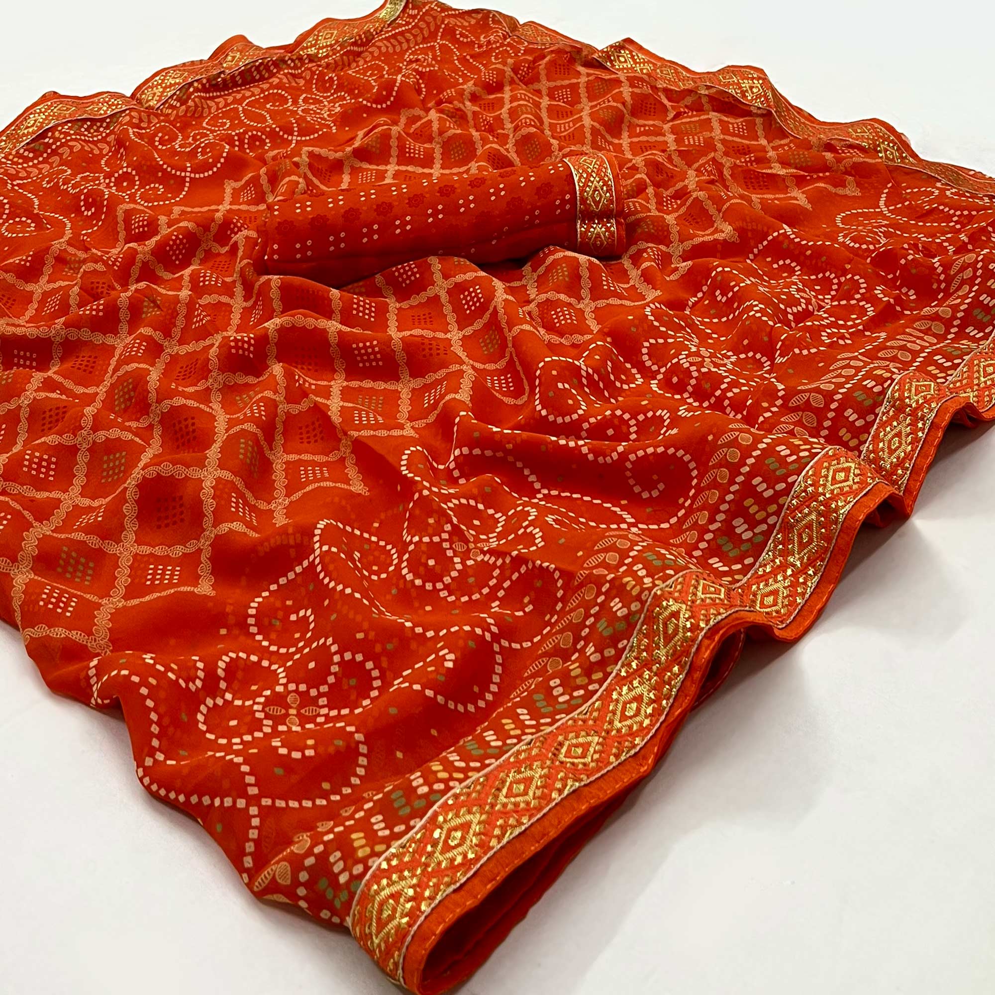 Orange Bandhani Printed Georgette Saree With Designer Border