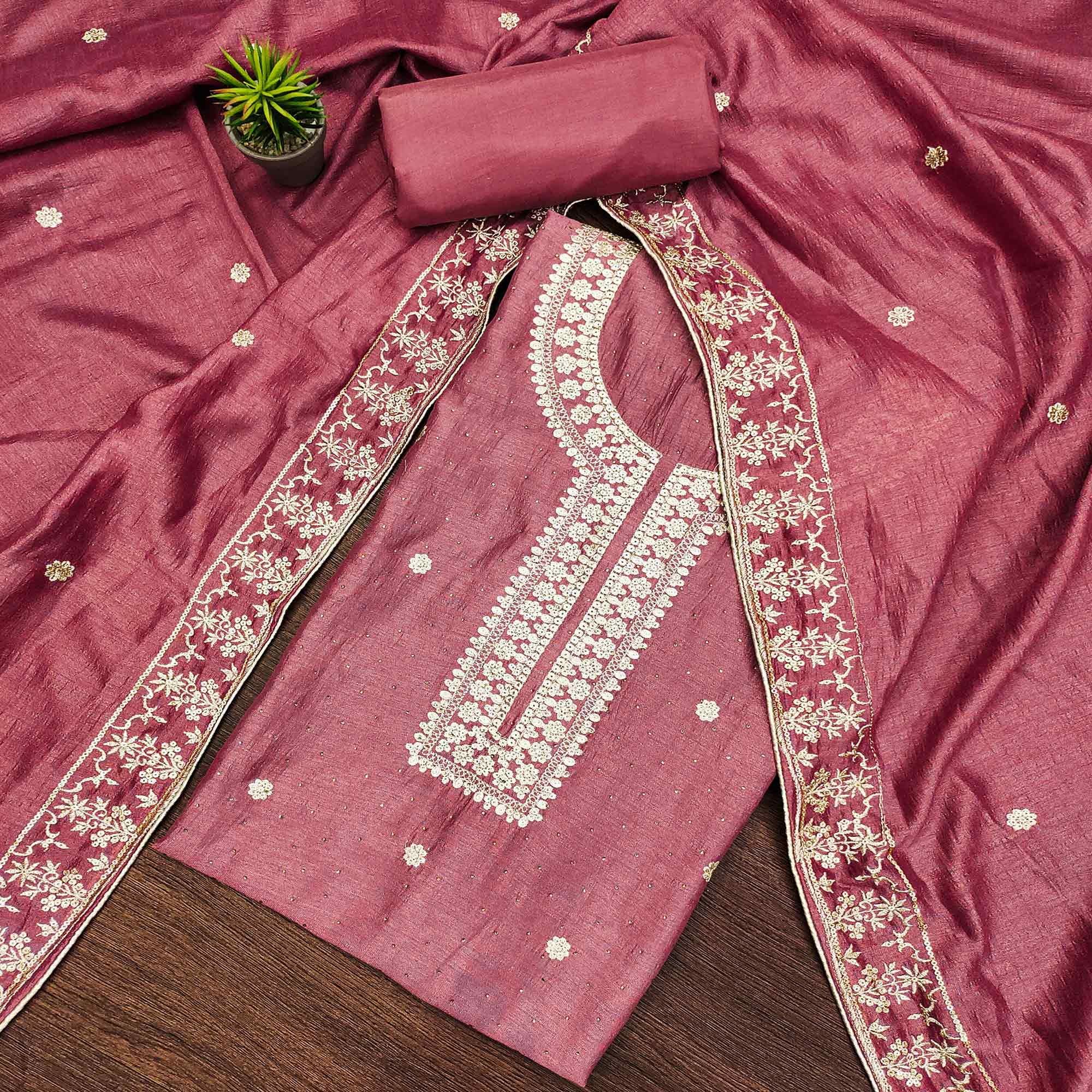Pink Floral Embroidered Modal Dress Material