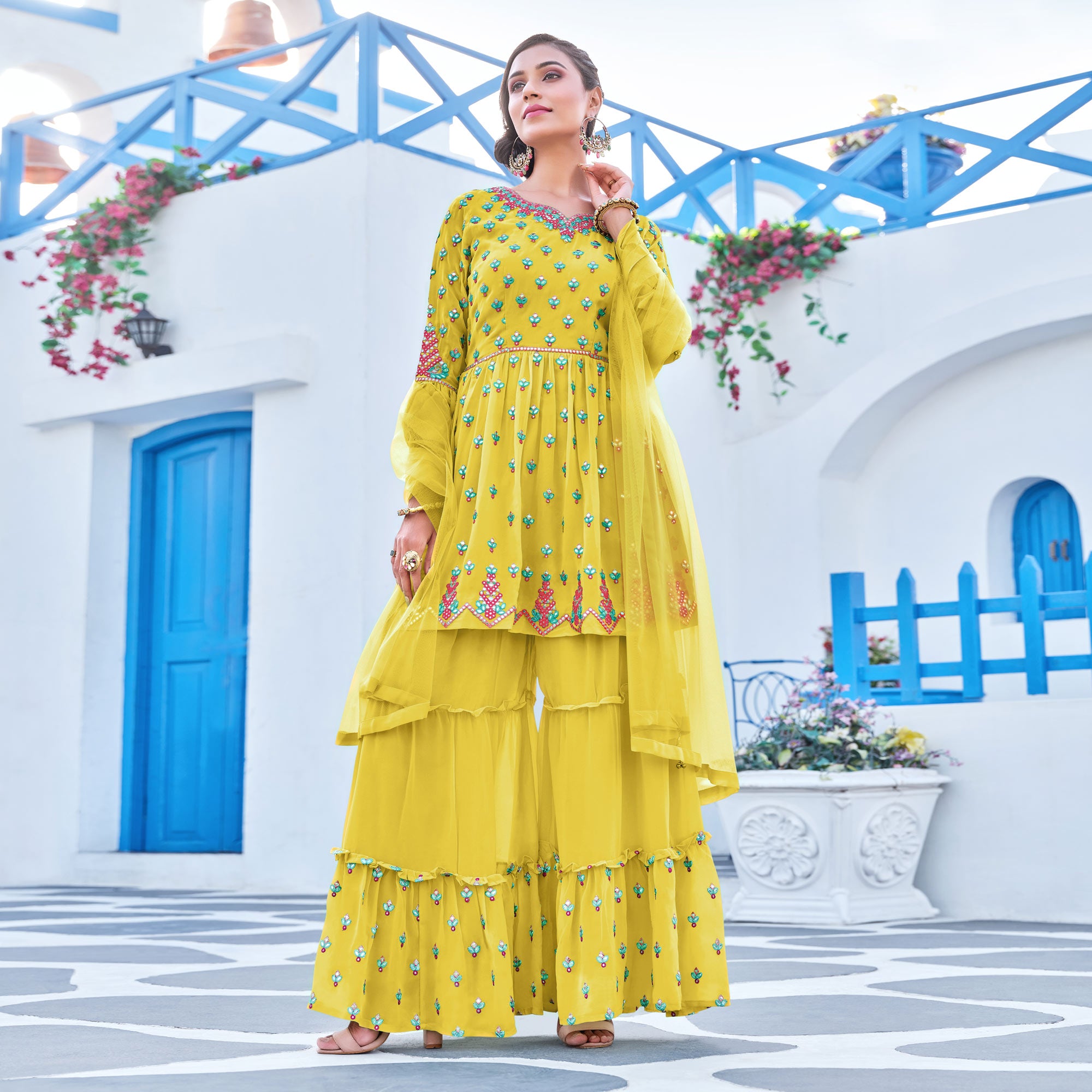 Yellow Floral Embroidered Georgette Sharara Suit