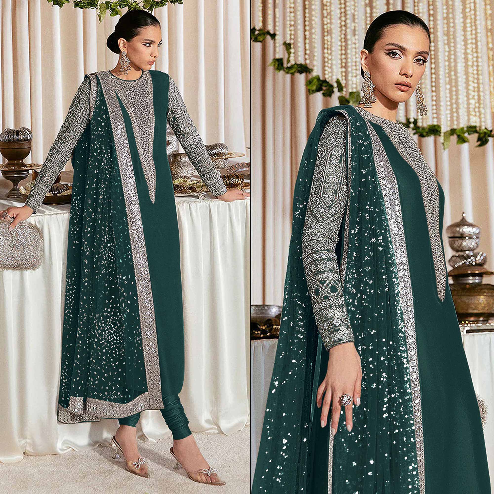 Green Sequins Embroidered Georgette Pakistani Suit