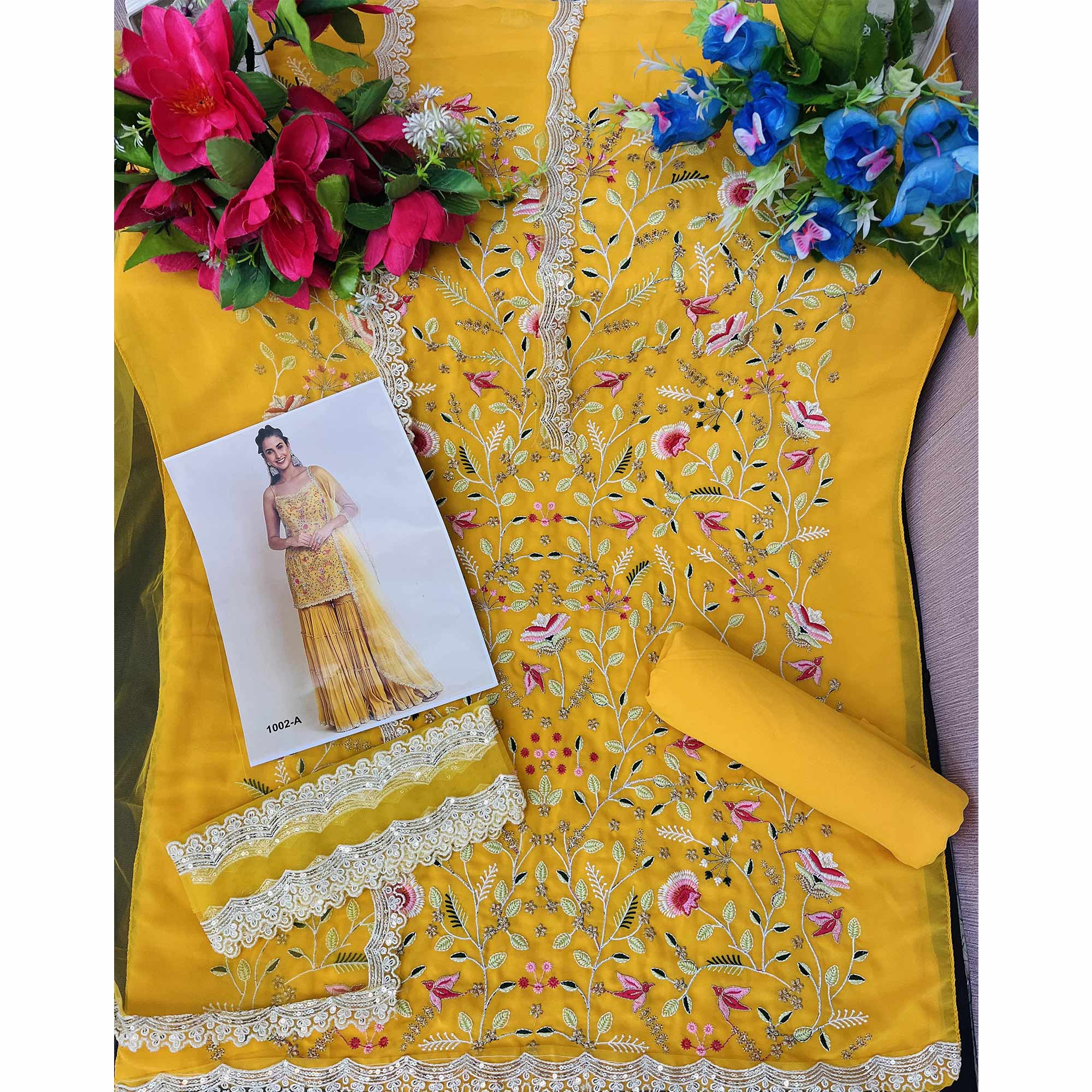 Yellow Floral Sequins Embroidered Georgette Sharara Suit