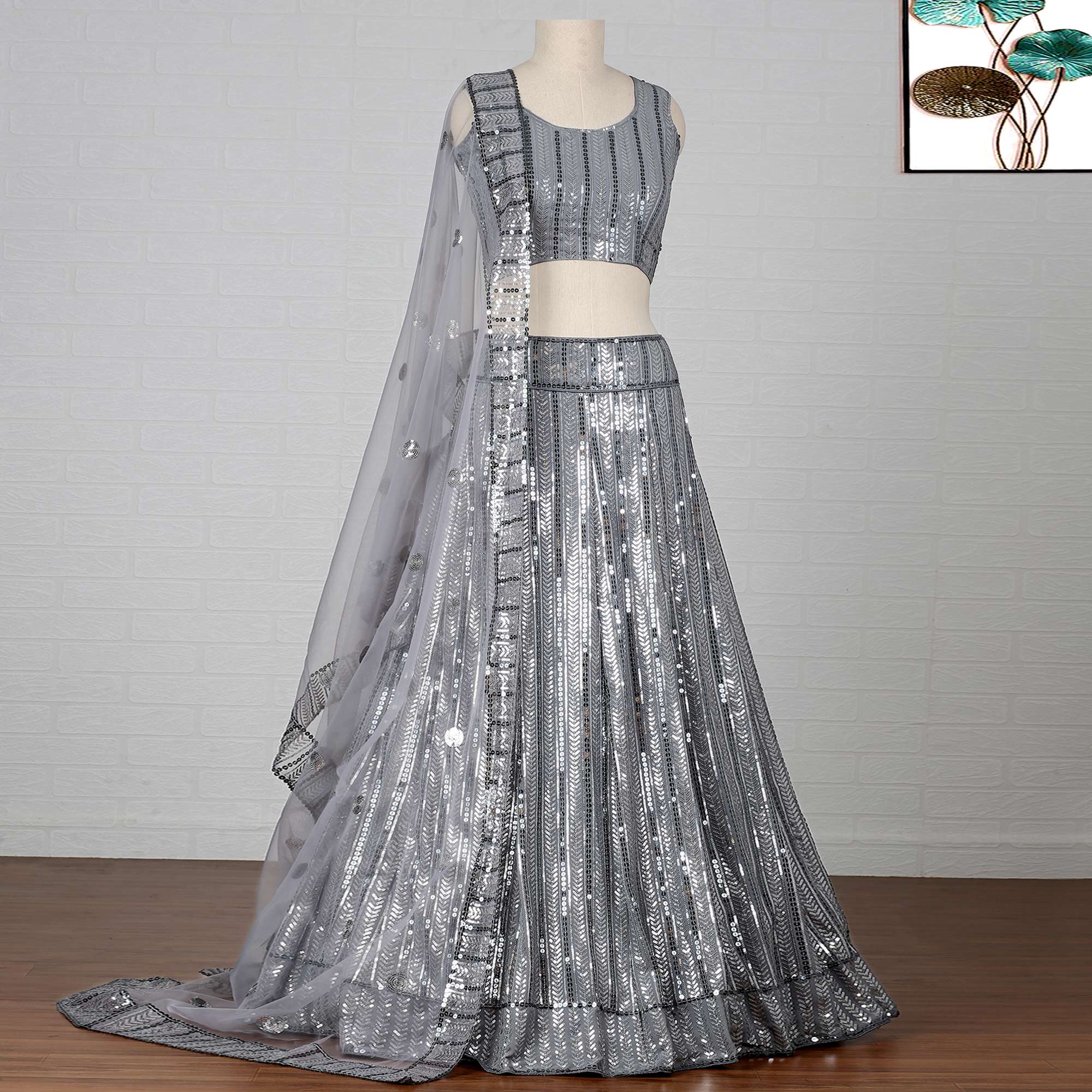 Grey Sequins Embroidered Georgette Lehenga Choli