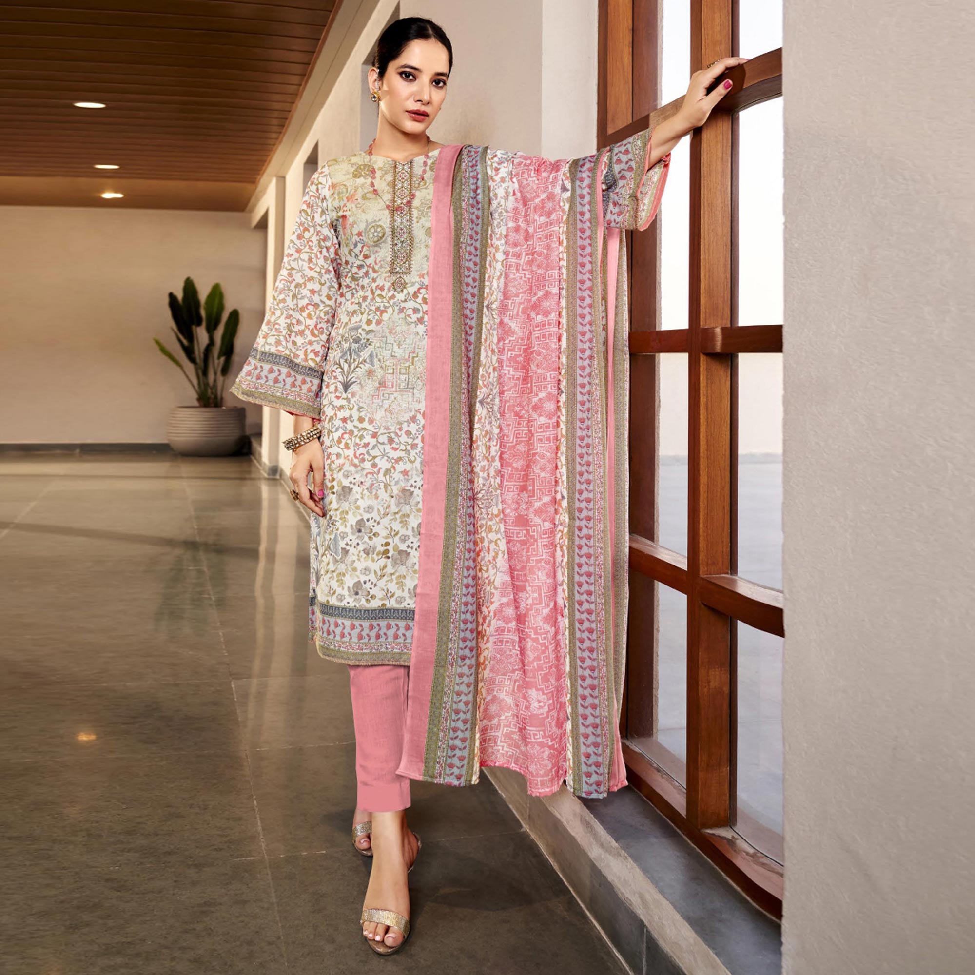 White & Pink Floral Print With Embroidered Pure Cotton Salwar Suit