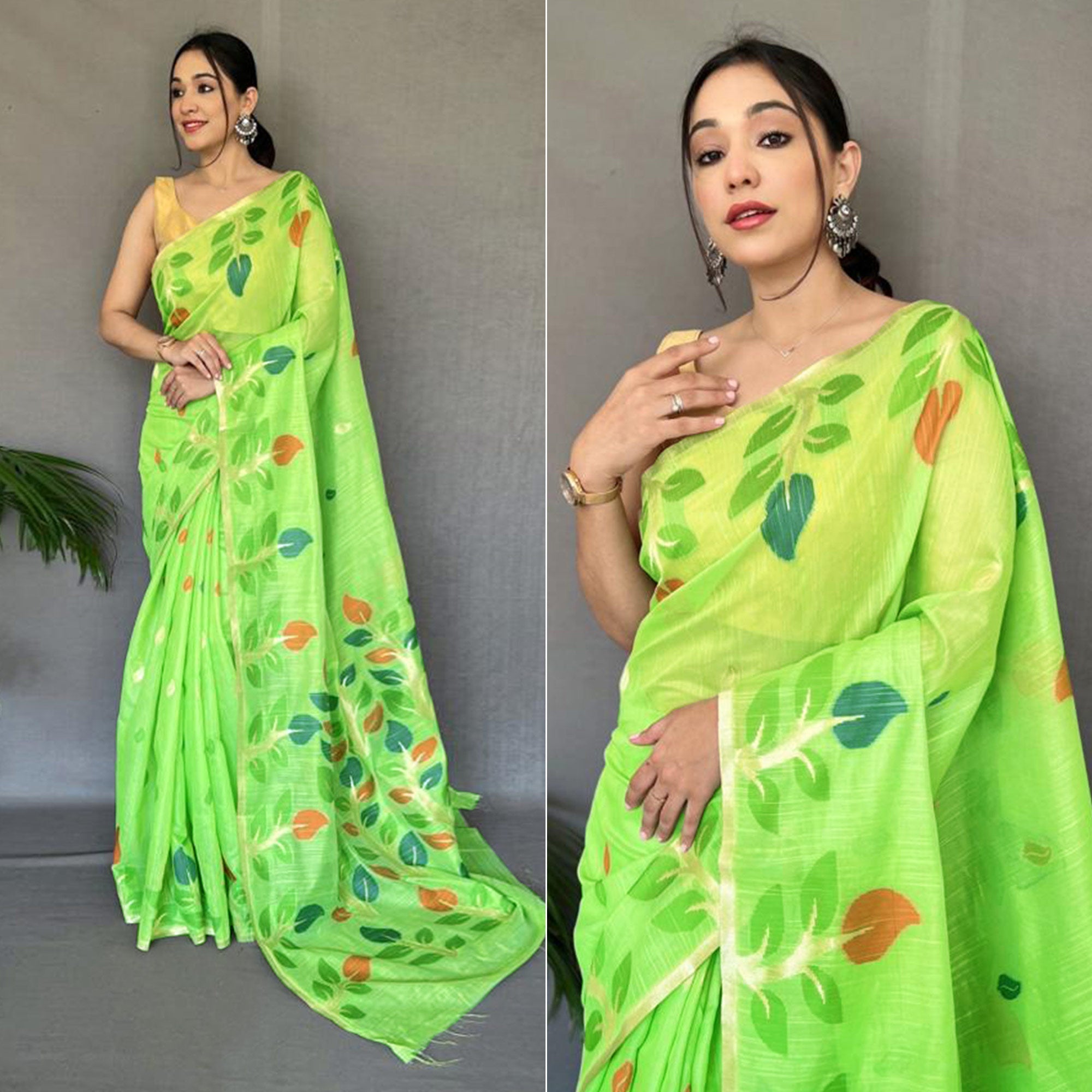 Pista Green Floral Woven Cotton Saree