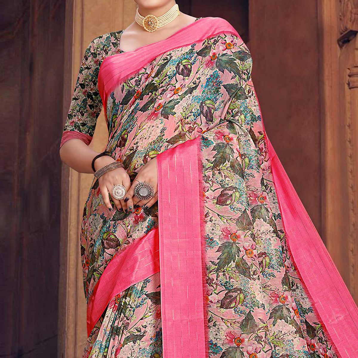 Light Pink Digital Printed Cotton Blend Saree