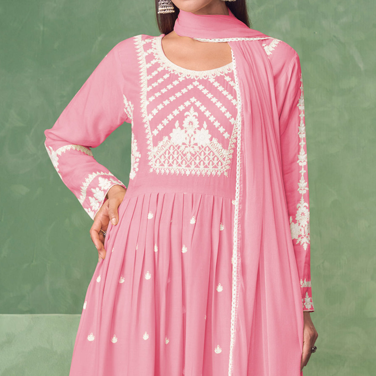 Pink Lucknowi Work Rayon Naira Cut Palazzo Suit