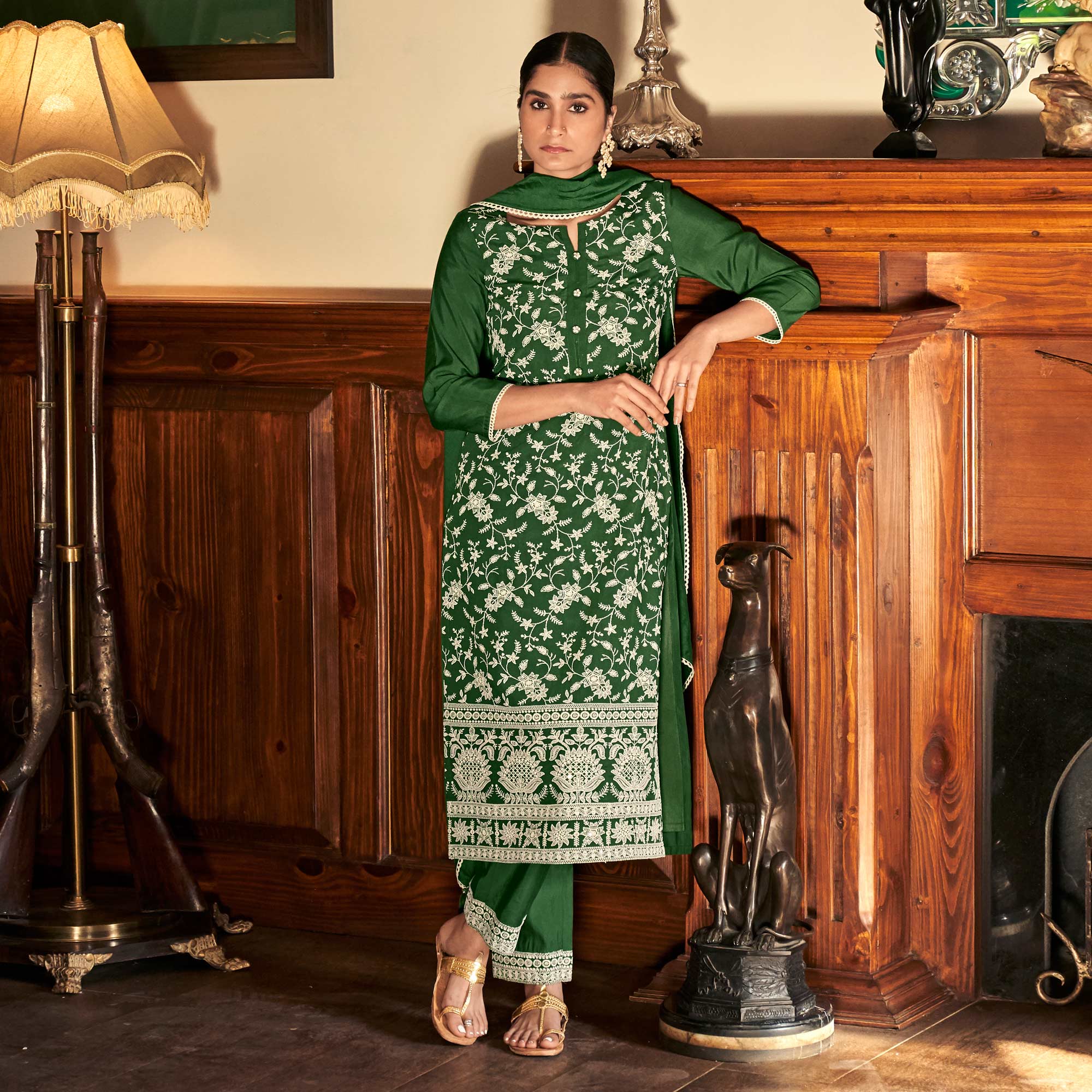 Green Lucknowi Embroidered Modal Salwar Suit