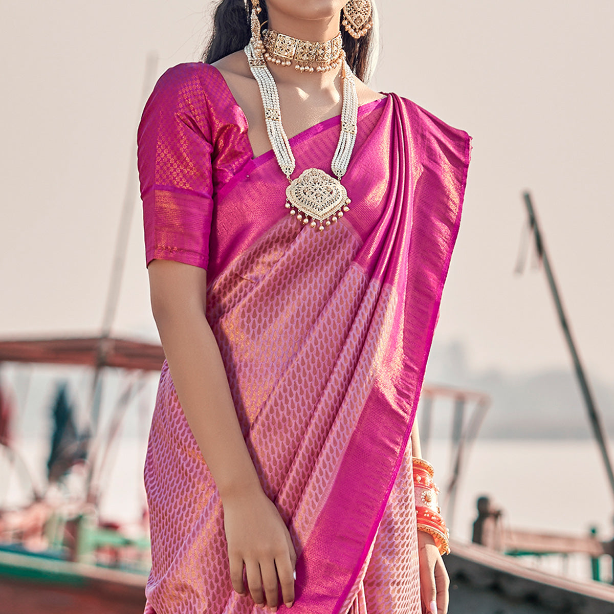 Pink Woven Art Silk Saree
