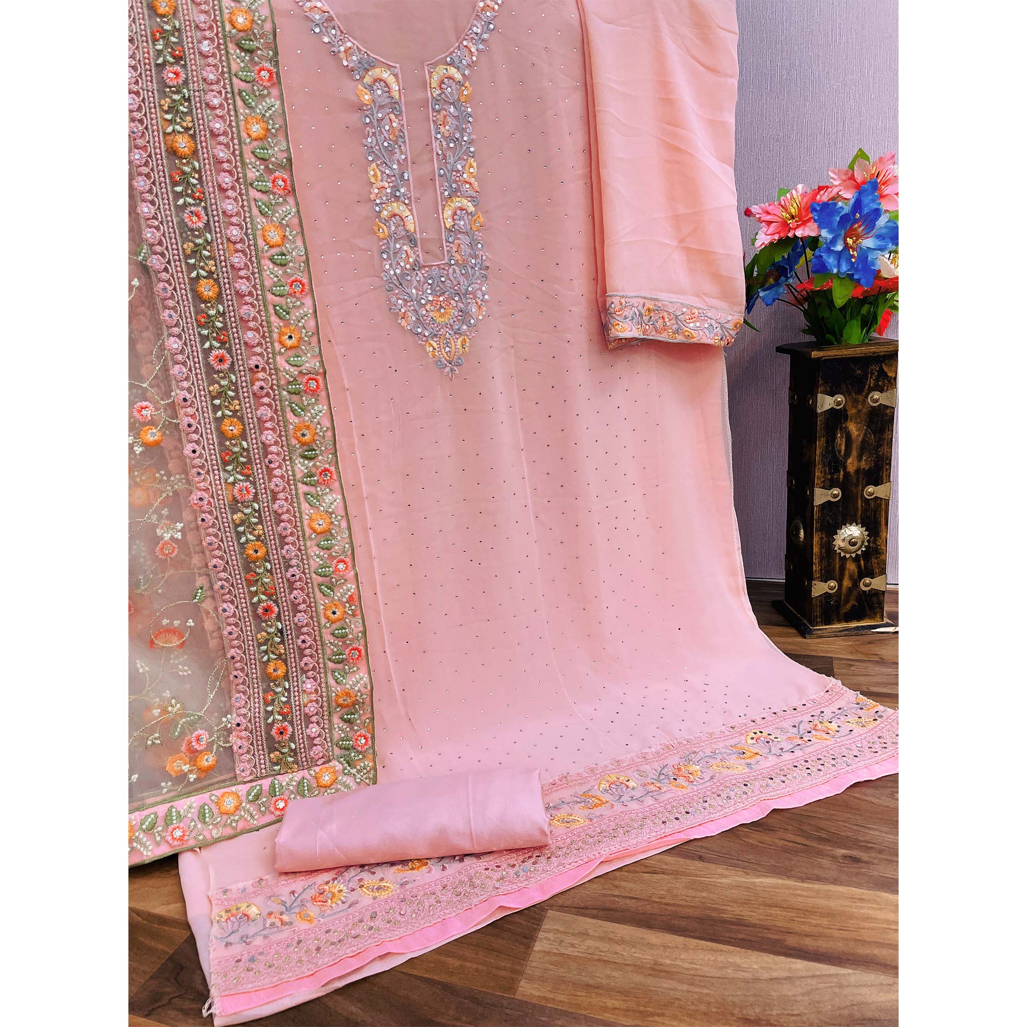 Pink Floral Embroidered Georgette Salwar Suit