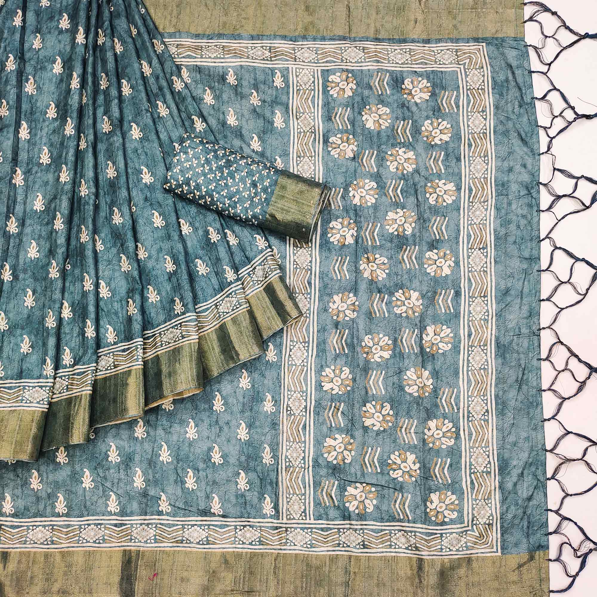 Blue Floral Printed Matka Tussar Saree With Tassels
