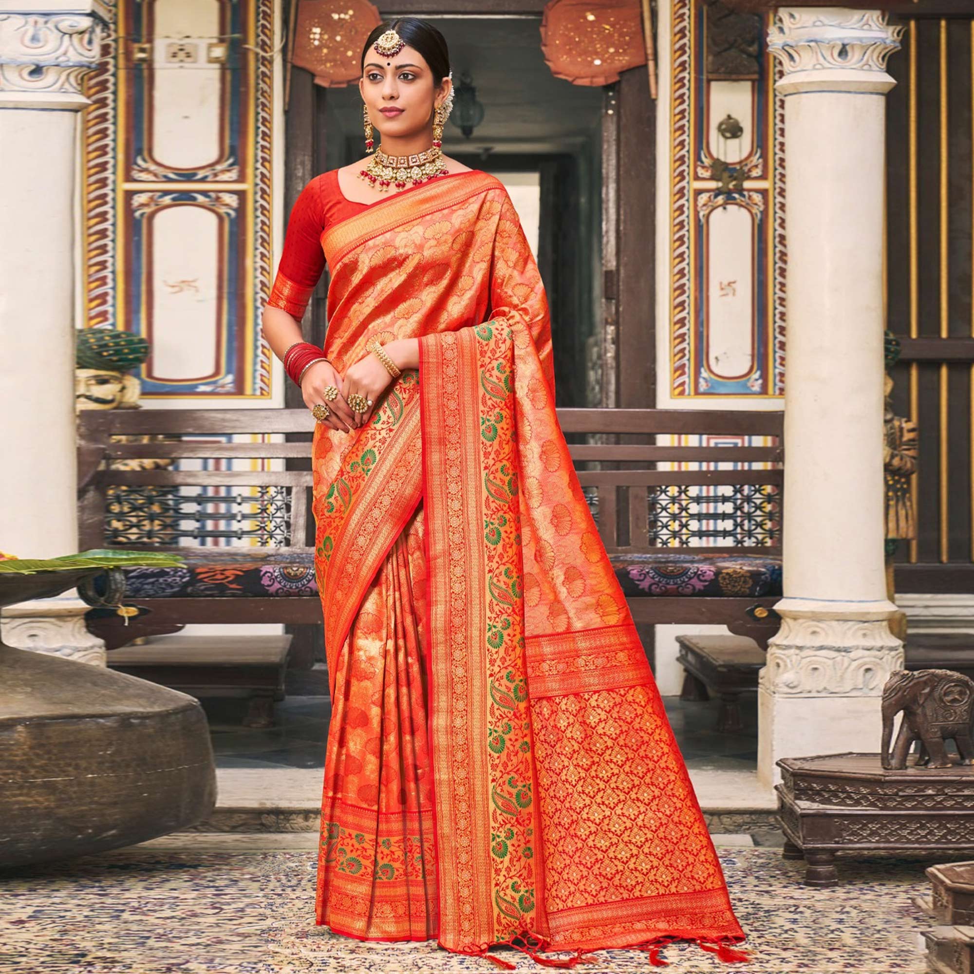 Red Woven Kanjivaram Silk Saree With Tassels