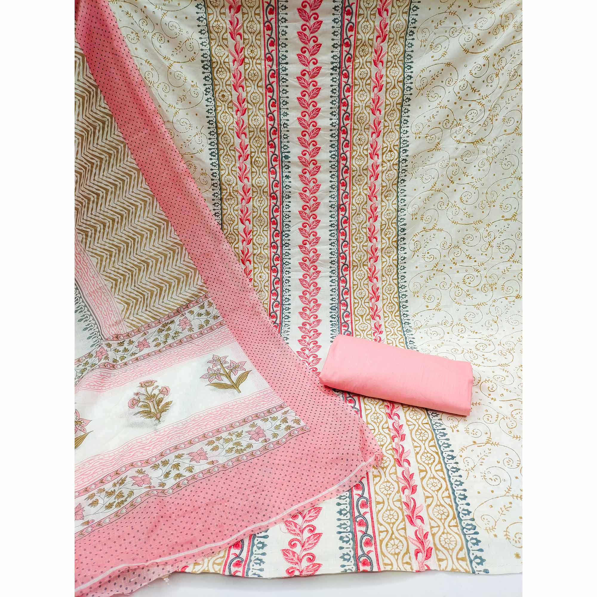 Pink Floral Embroidered Pure Cotton Dress Material