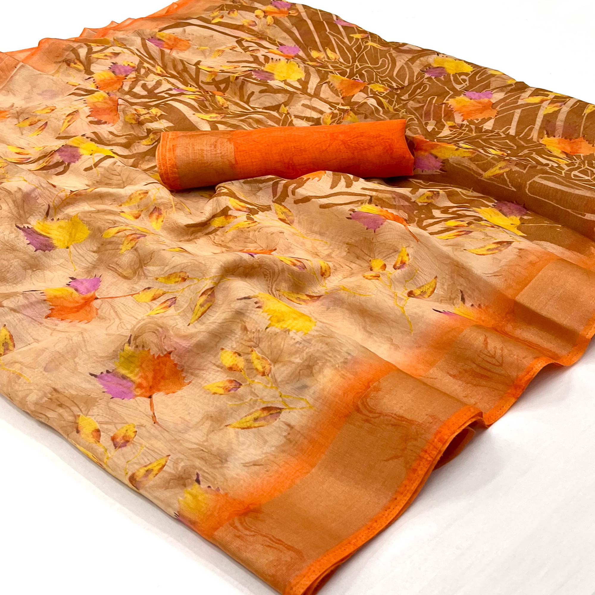 Beige Floral Printed Linen Saree