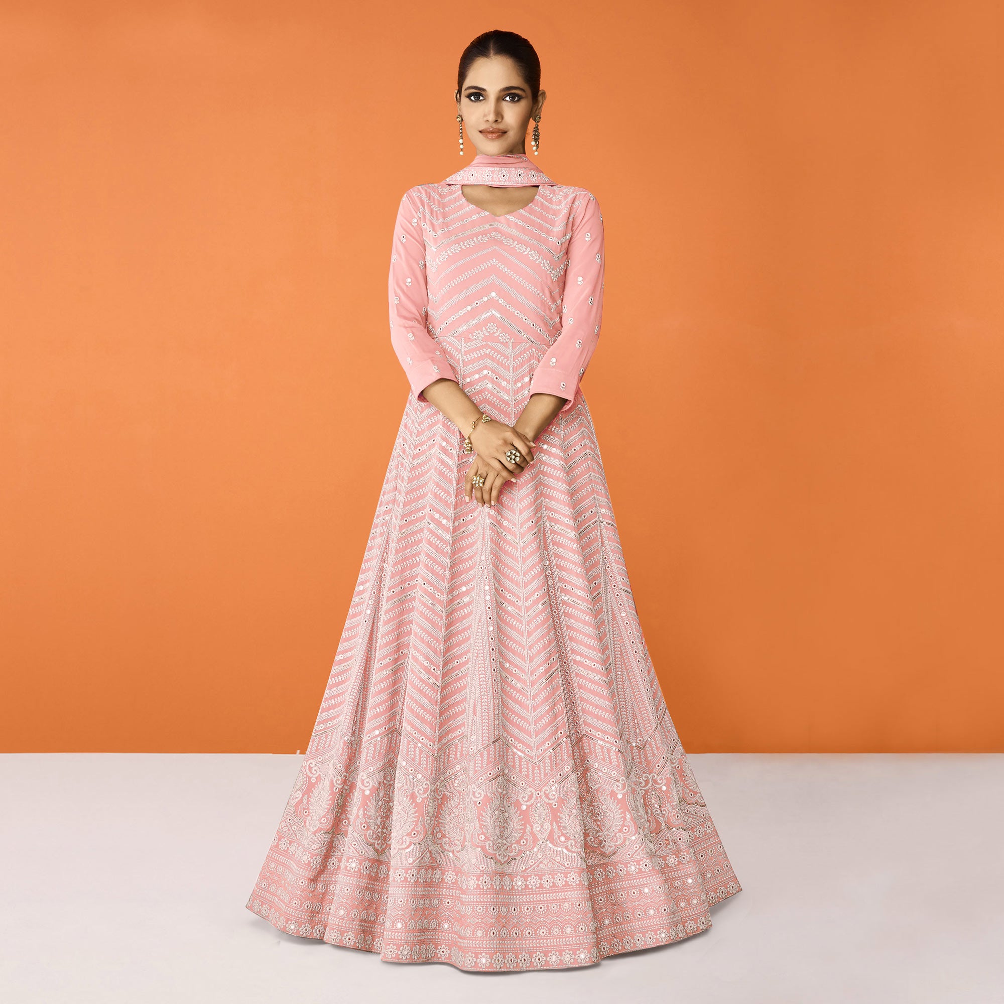 Peach Sequins Embroidered Georgette Semi Stitched Anarkali Suit